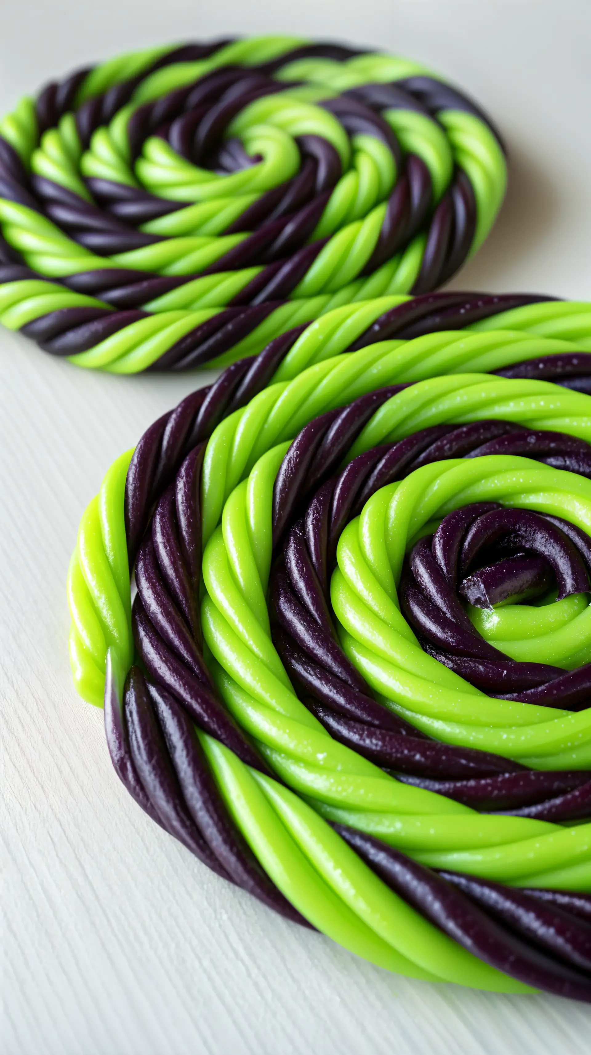 Vibrant green and purple licorice spirals arranged in a playful pattern. This eye-catching design is great for a phone wallpaper.