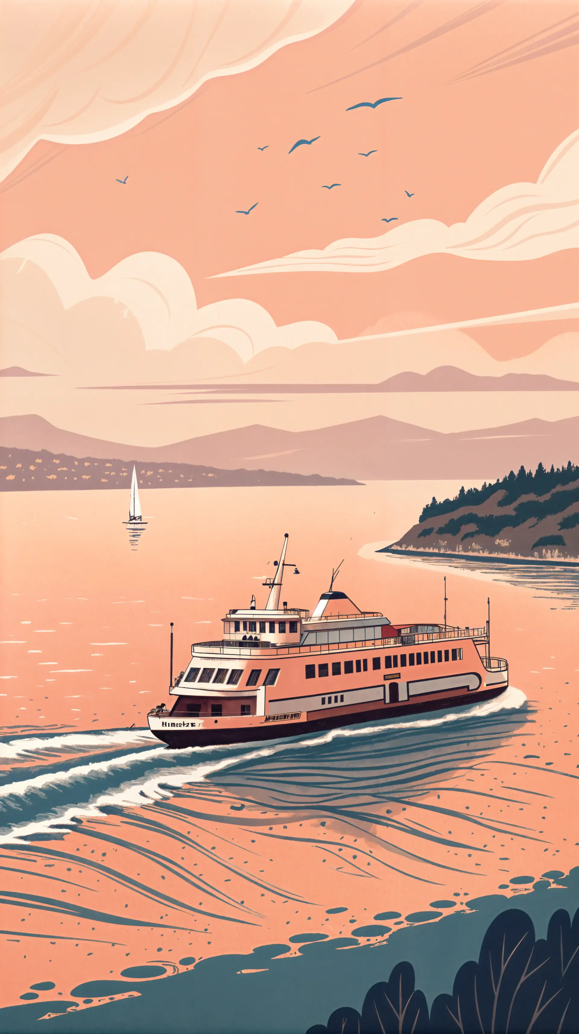 A serene ferry glides through calm waters under a pinkish-orange sky, surrounded by mountains and a distant sailboat, creating a tranquil phone wallpaper scene.