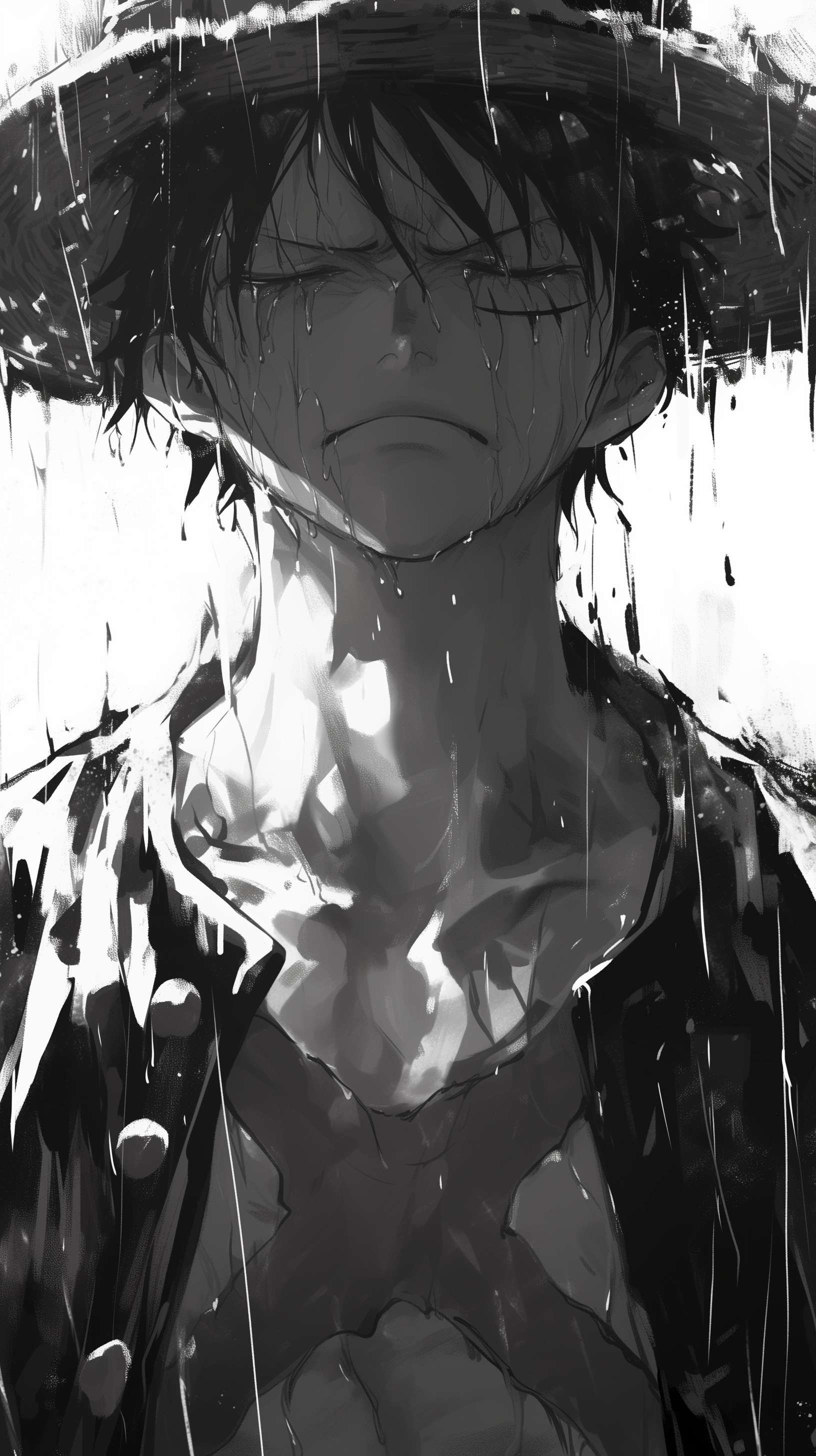 A black and white phone wallpaper featuring Monkey D. Luffy from One Piece, capturing a moment of sadness amidst rain, conveying deep emotions characteristic of this iconic manga.