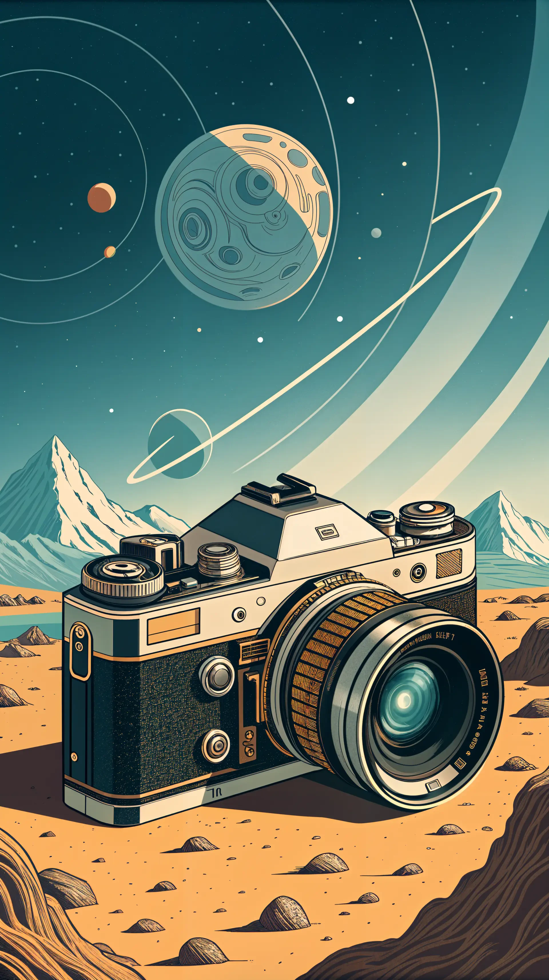 A vintage camera is prominently displayed in a cosmic landscape, featuring planets and mountains, making it a striking phone wallpaper for photography enthusiasts.