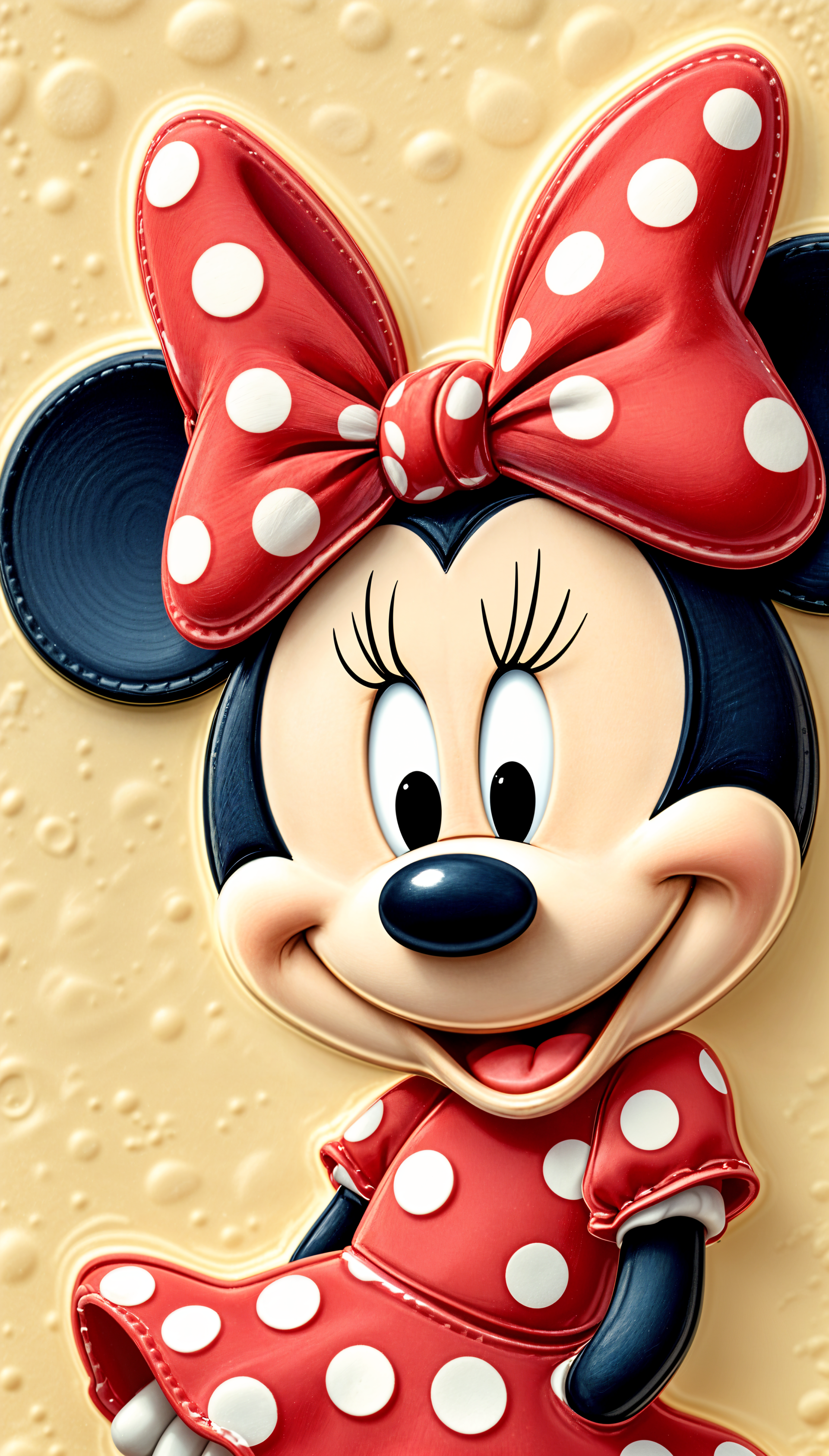 Colorful phone wallpaper featuring Minnie Mouse, depicted with her signature red polka-dot dress and bow, against a textured, light background.