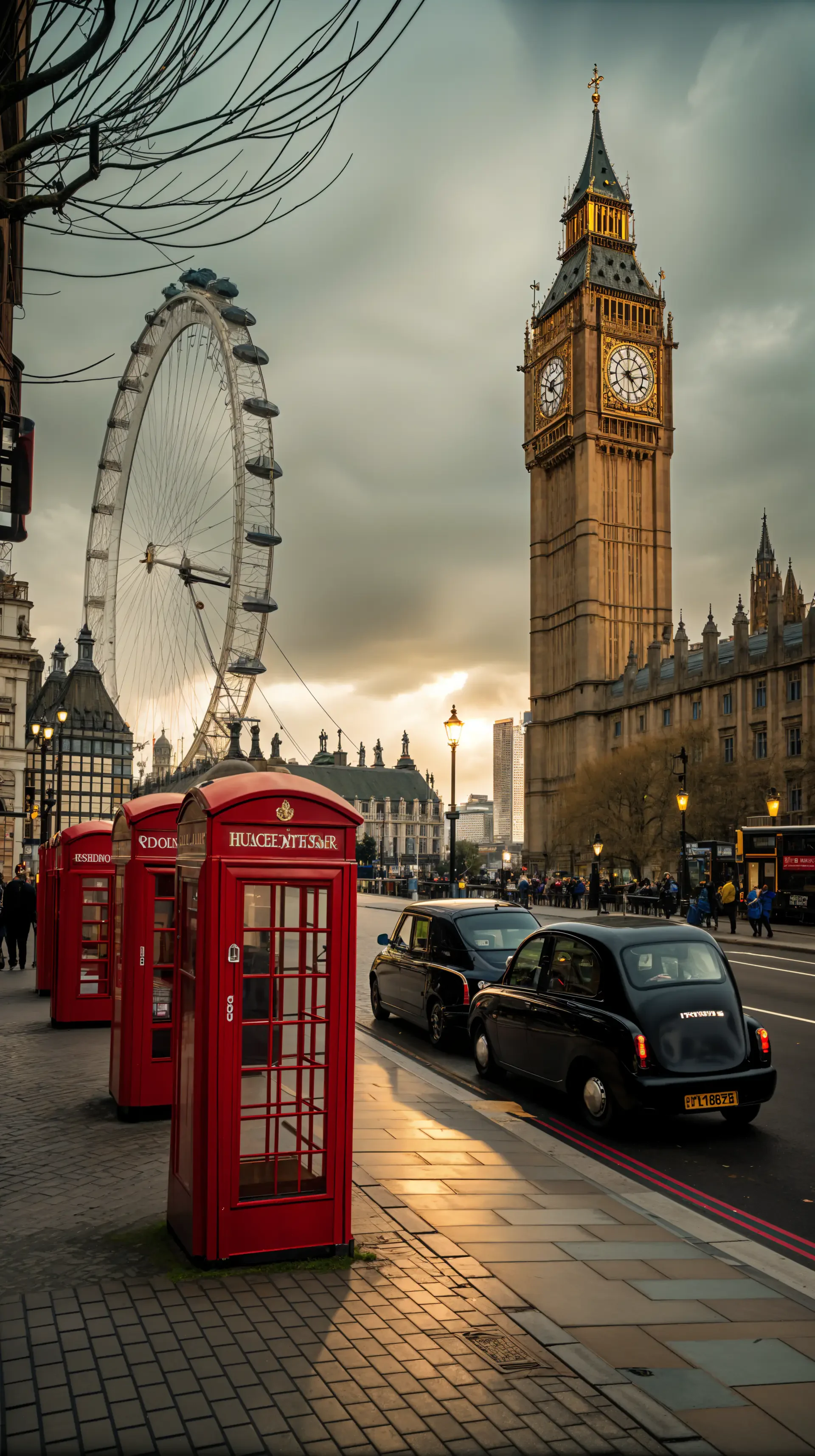 A stunning view of London features iconic red phone booths, the London Eye, and the Big Ben clock tower under a dramatic sky, making it a captivating phone wallpaper.