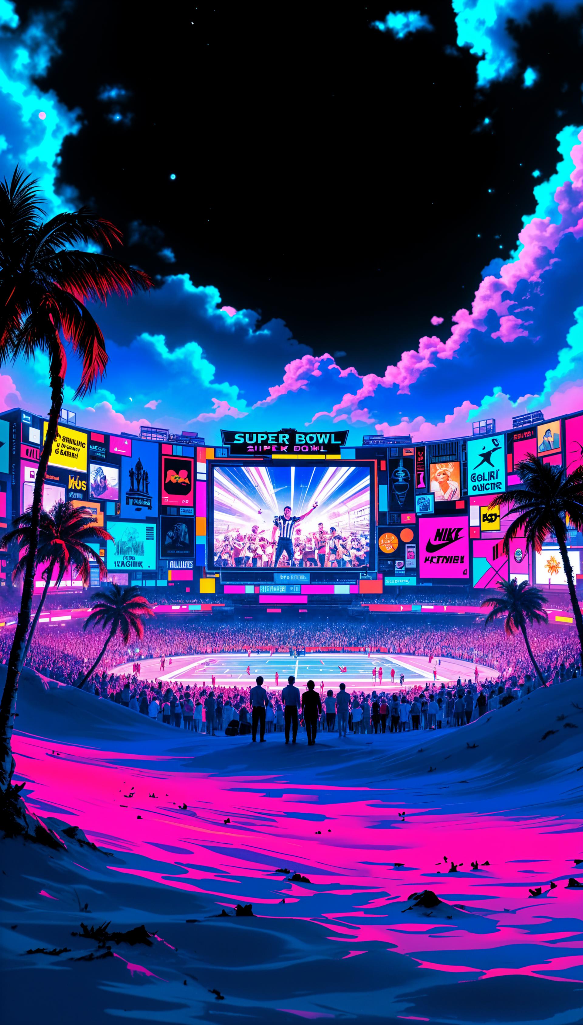 A vibrant phone wallpaper featuring a stylized Super Bowl stadium, illuminated screens, palm trees, and a colorful sky, capturing the excitement of the event.