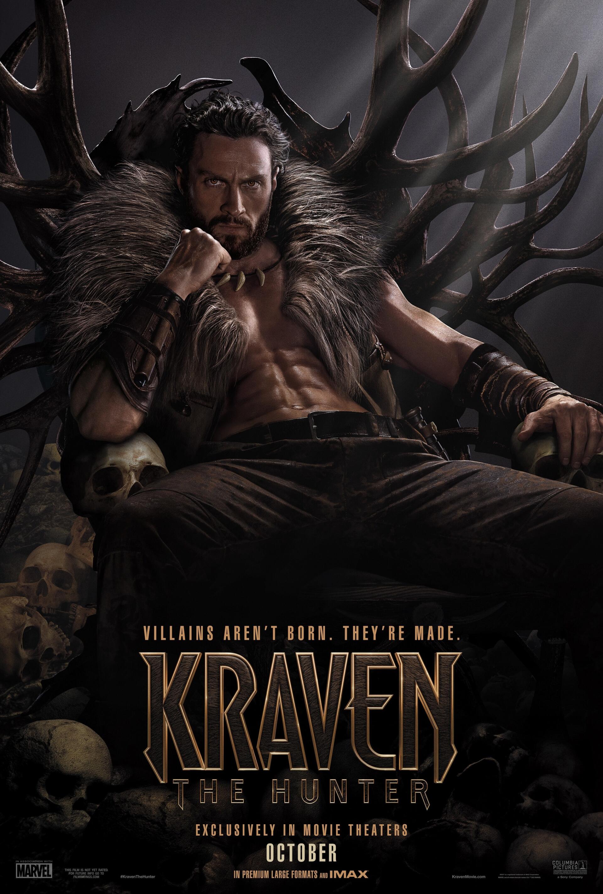A dramatic phone wallpaper featuring Aaron Taylor-Johnson as Kraven the Hunter, seated among skulls and ominous shadows, with the tagline Villains aren't born, they're made.