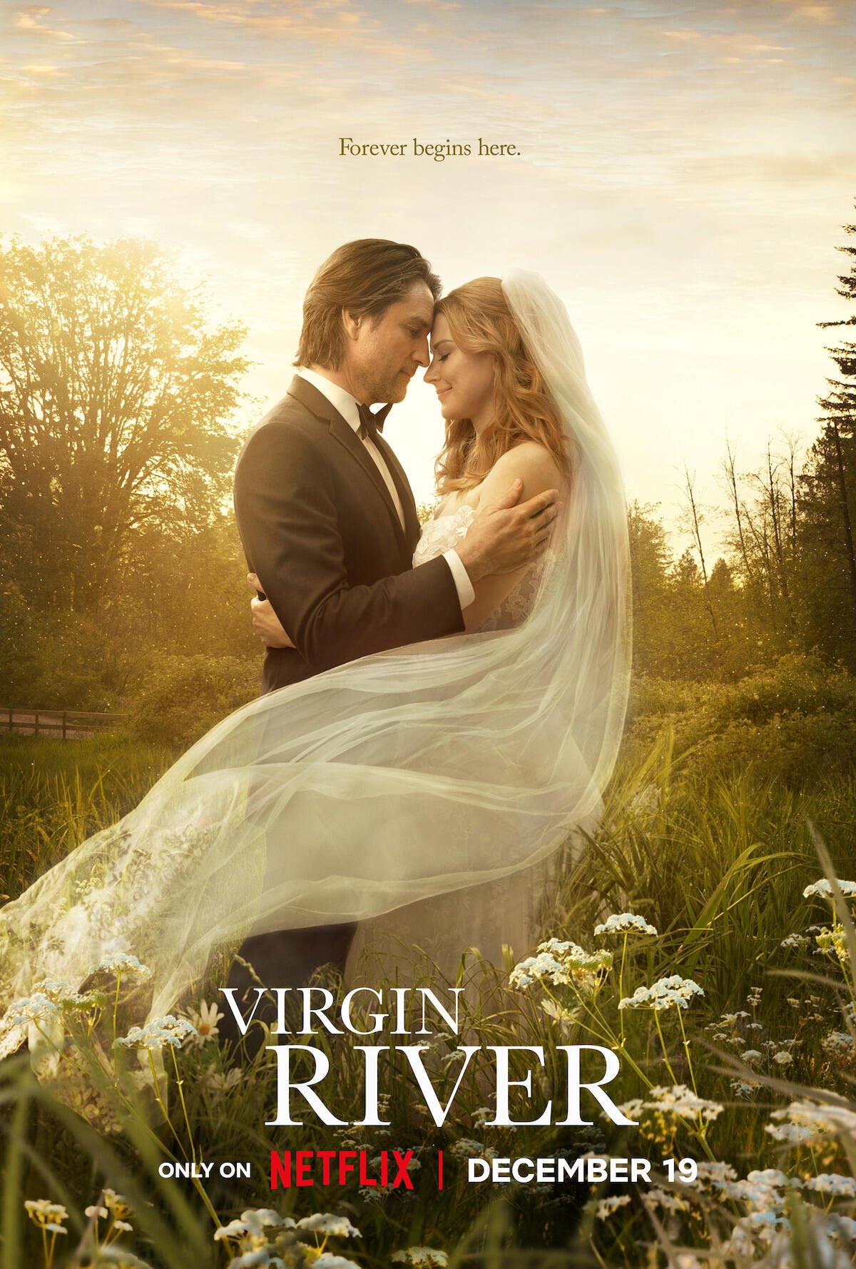 Phone wallpaper featuring Martin Henderson and Alexandra Breckenridge embracing in a field at sunset, promoting the TV show Virgin River (2019) on Netflix, December 19 release.