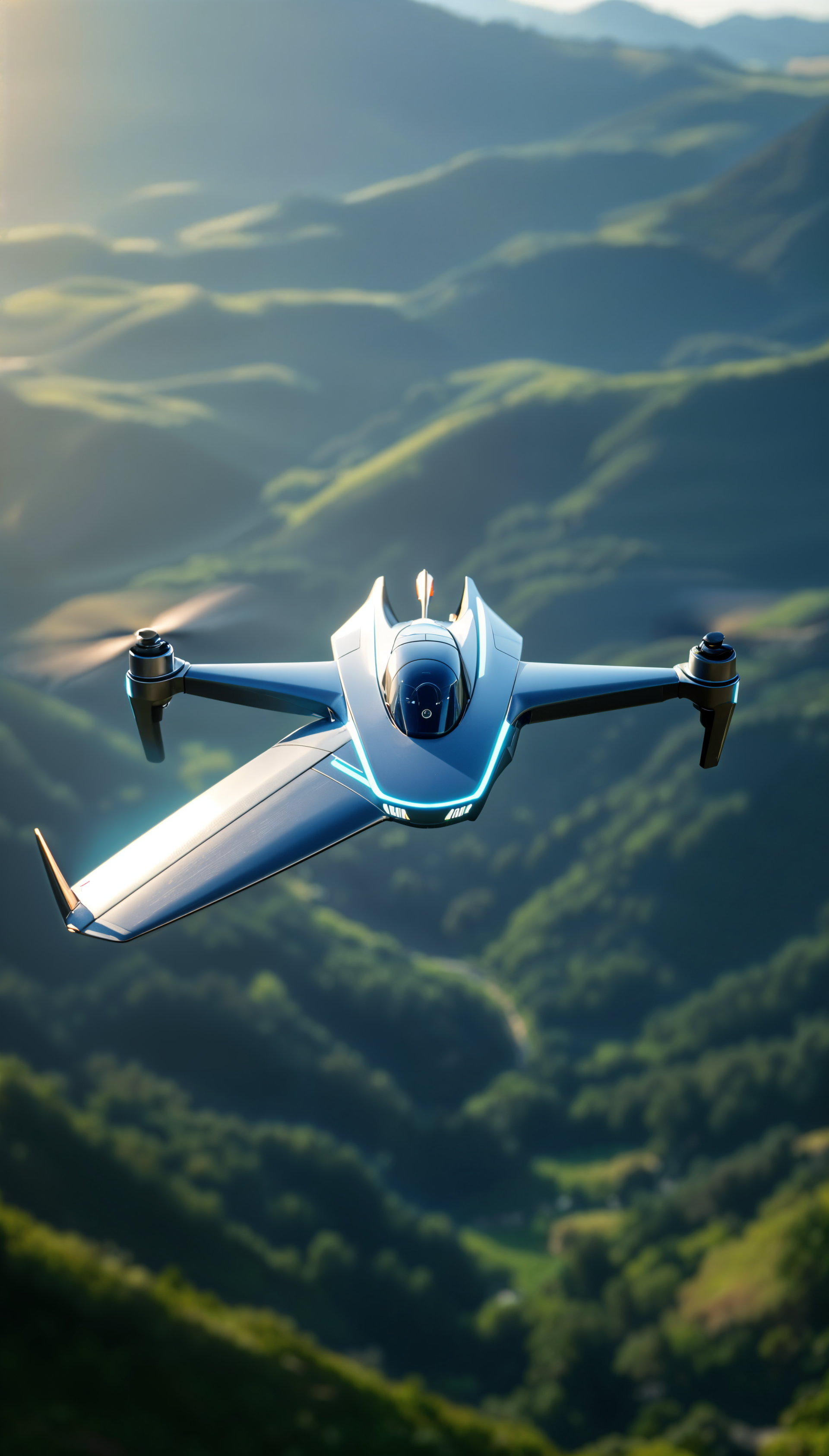 Futuristic drone flying over a lush green mountainous landscape, captured in a sleek phone wallpaper compatible with both iPhone and Android devices.
