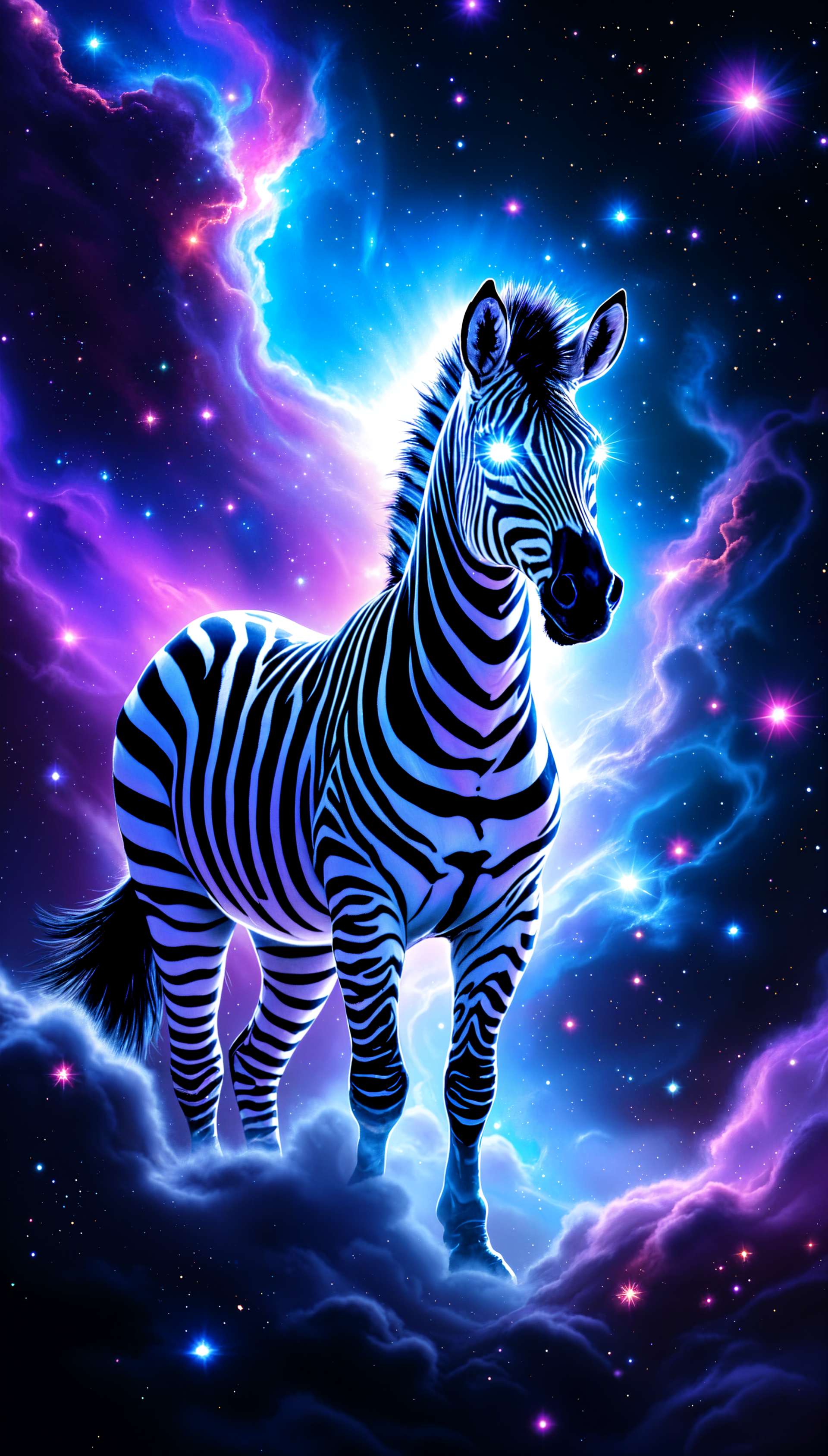 A striking zebra stands against a vibrant cosmic backdrop filled with swirling colors and stars, creating an eye-catching phone wallpaper.