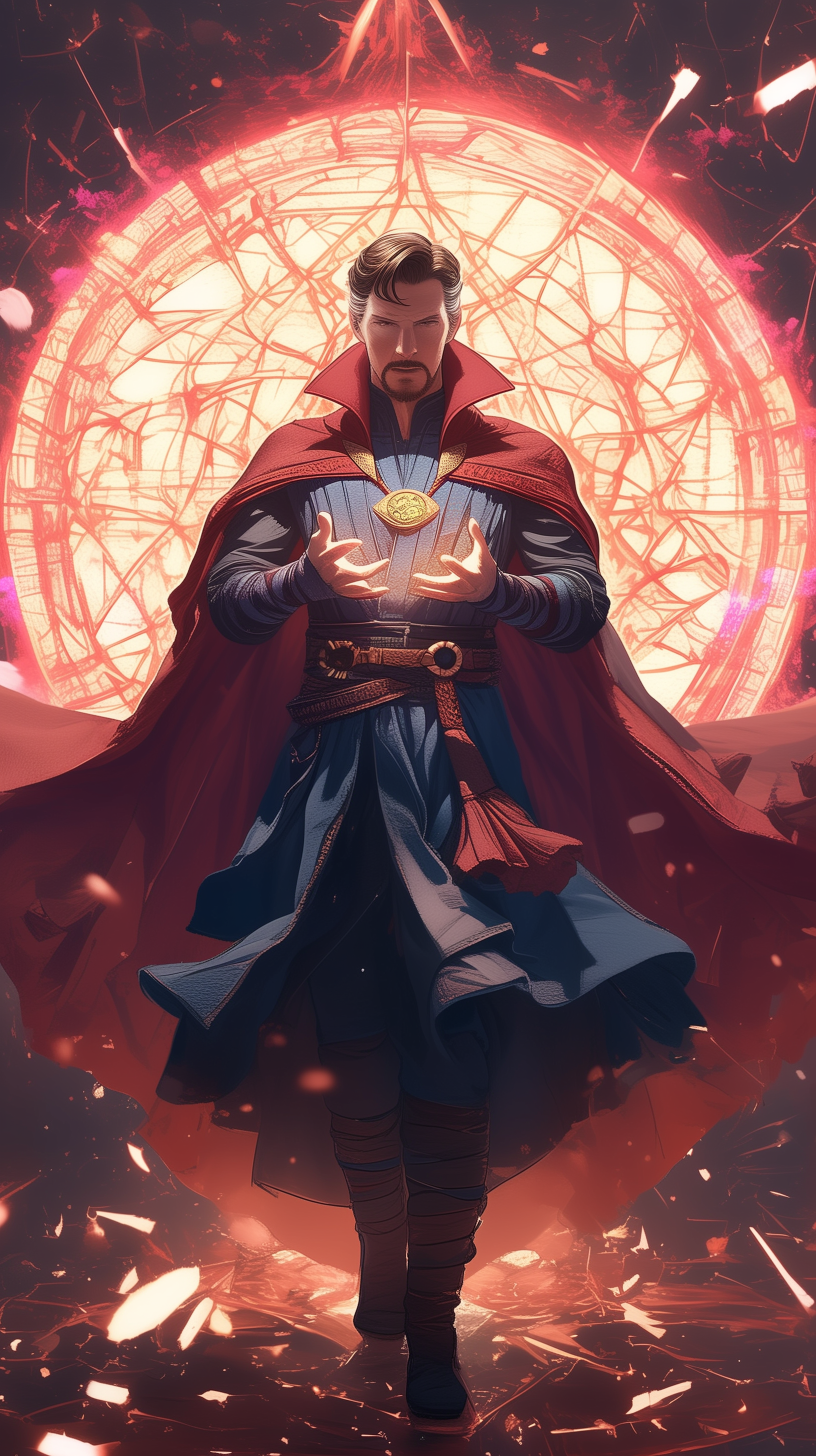 A dynamic phone wallpaper featuring Doctor Strange, showcasing him in a dramatic pose with mystical energy swirling around him and an iconic magical symbol in the background.