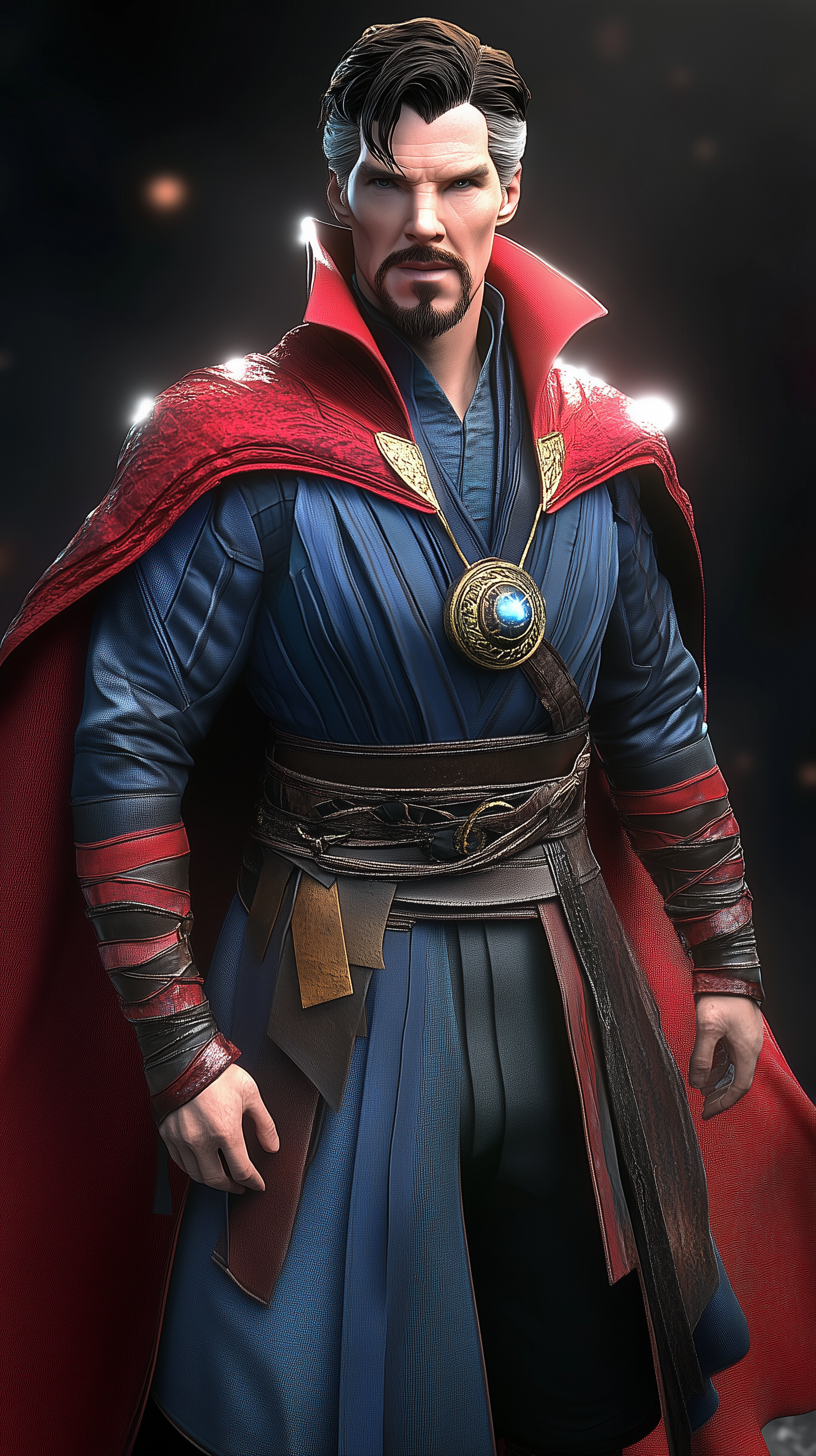 A detailed depiction of Doctor Strange in his iconic attire, featuring his signature cape and amulet, designed as a captivating phone wallpaper.