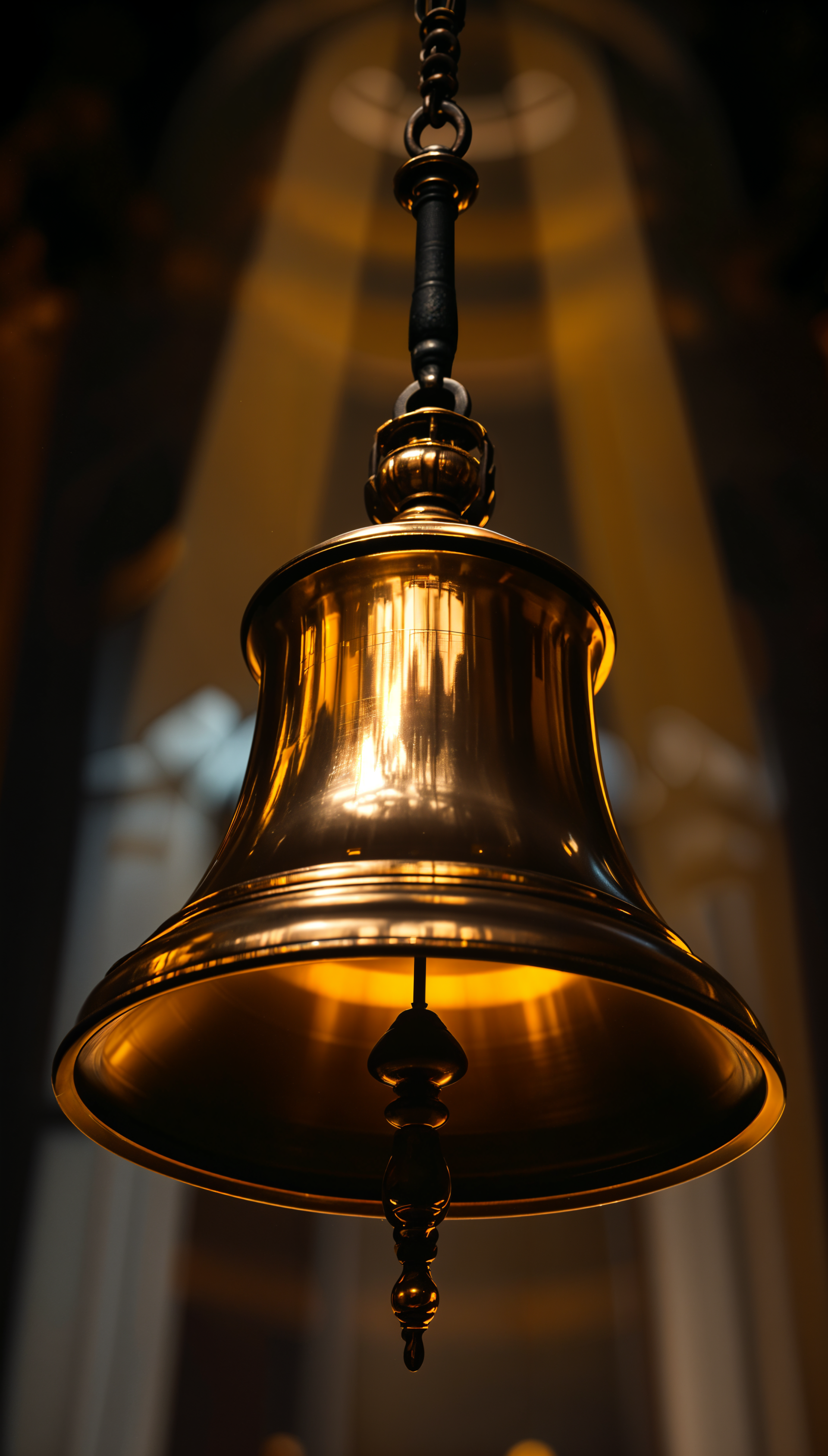 A beautifully illuminated brass bell hangs in a soft-focus background, creating an elegant and serene phone wallpaper.