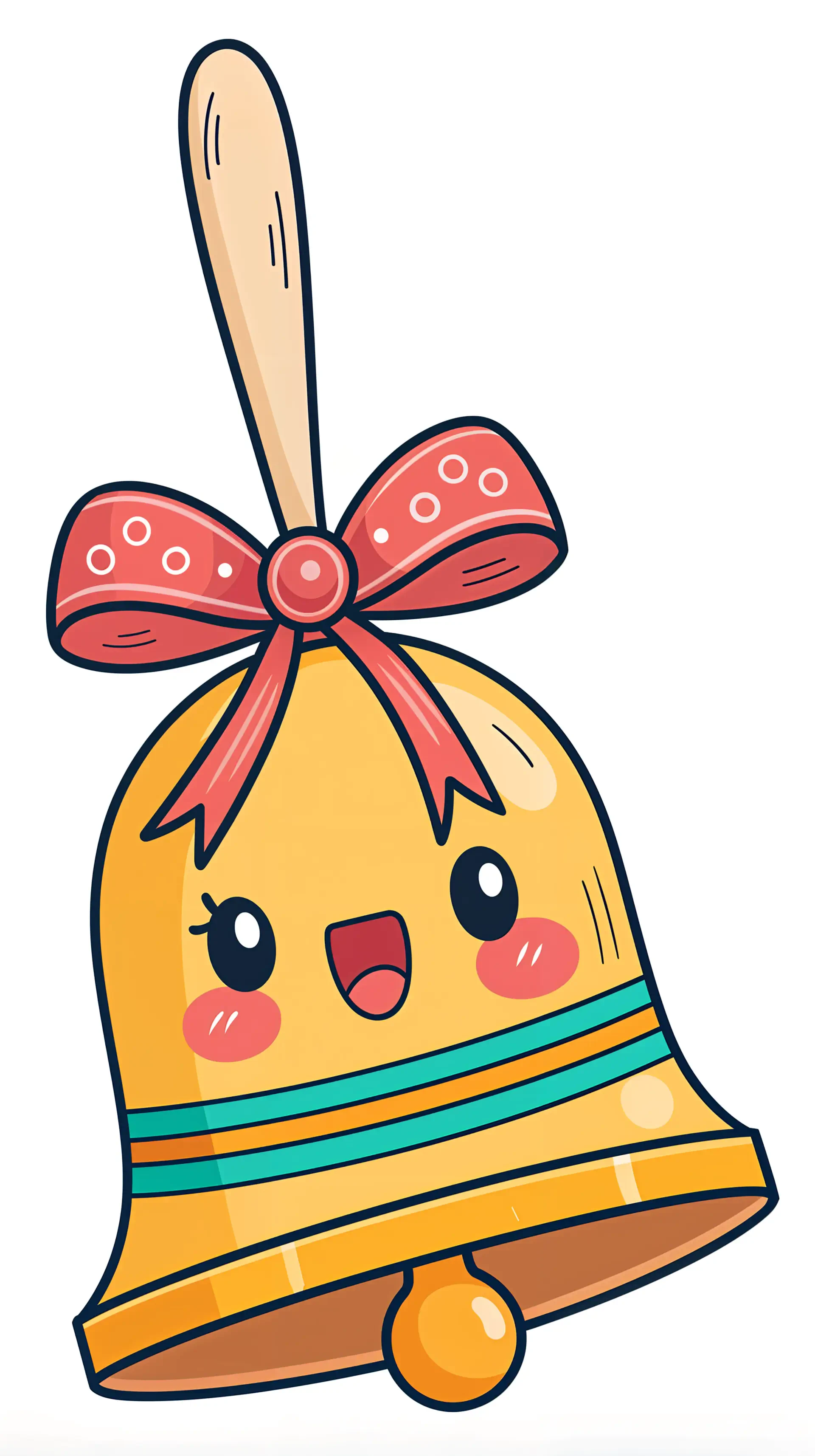 A cheerful cartoon bell with a red bow, featuring a smiling face and colorful stripes, designed as a playful phone wallpaper.
