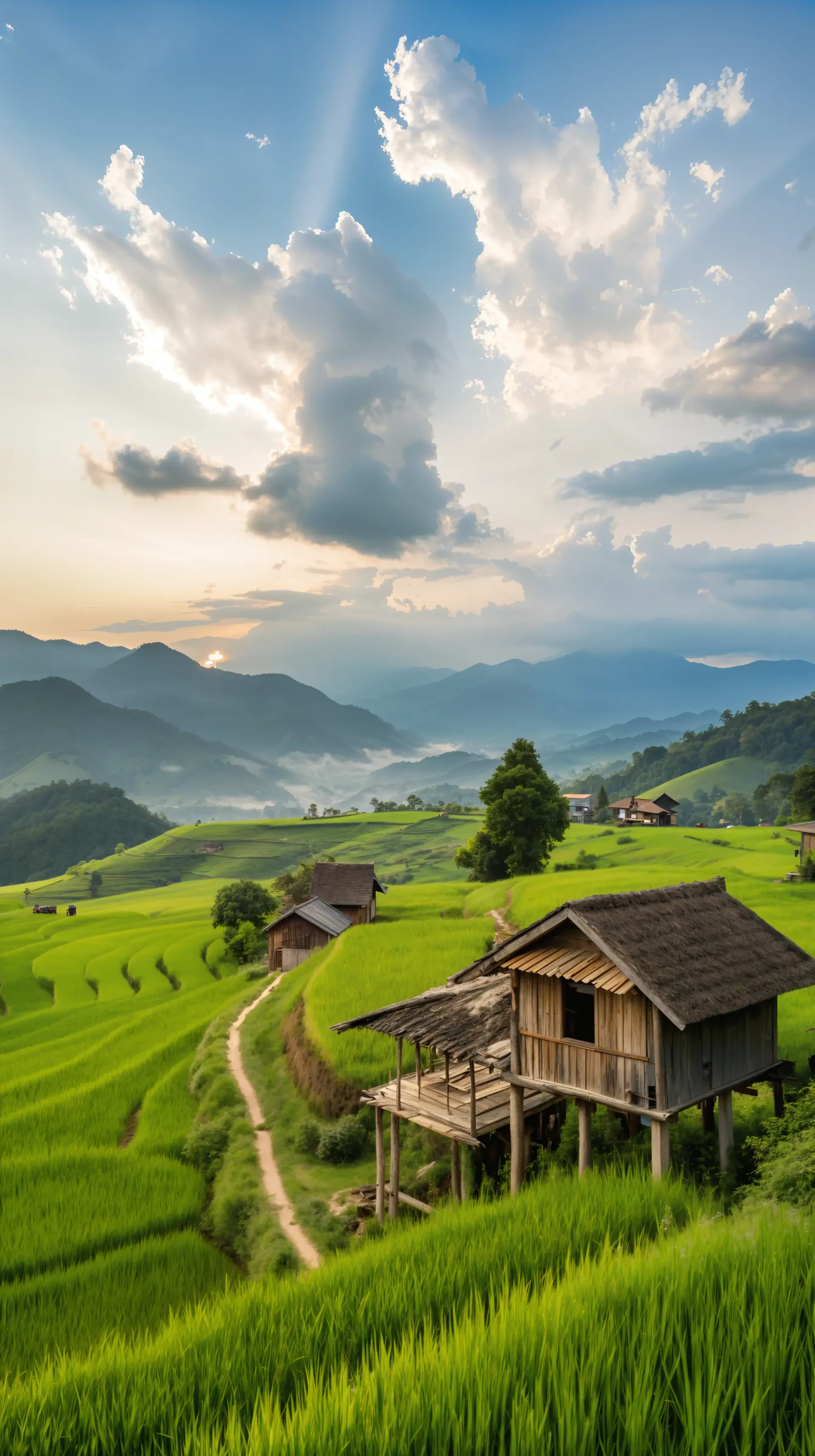 Phone wallpaper of a lush Vietnam landscape with vibrant green rice terraces, rustic wooden huts, and distant mountains beneath a dramatic sky.