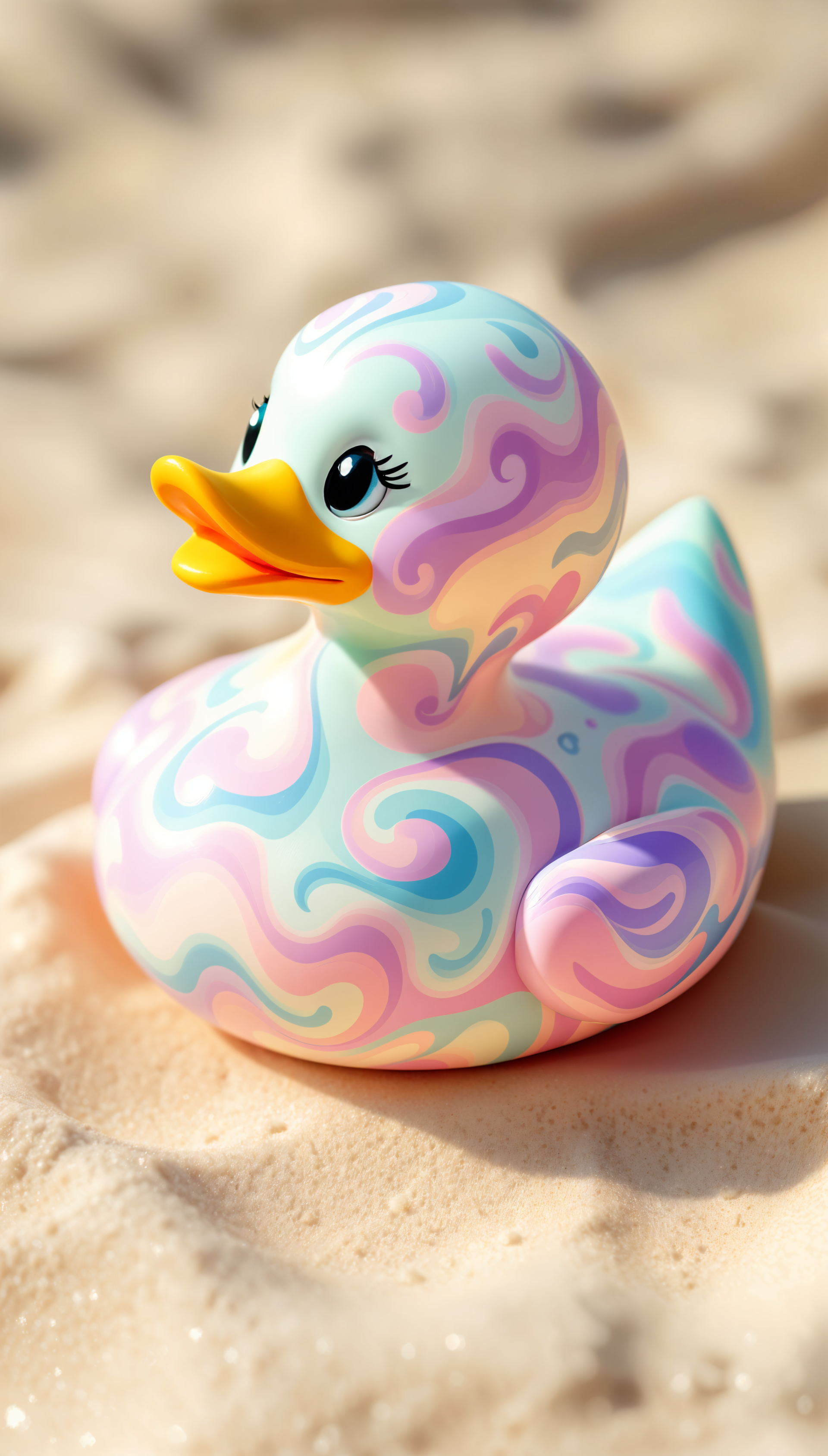 A colorful rubber duck with swirled pastel patterns rests on a sandy surface, making an eye-catching phone wallpaper.