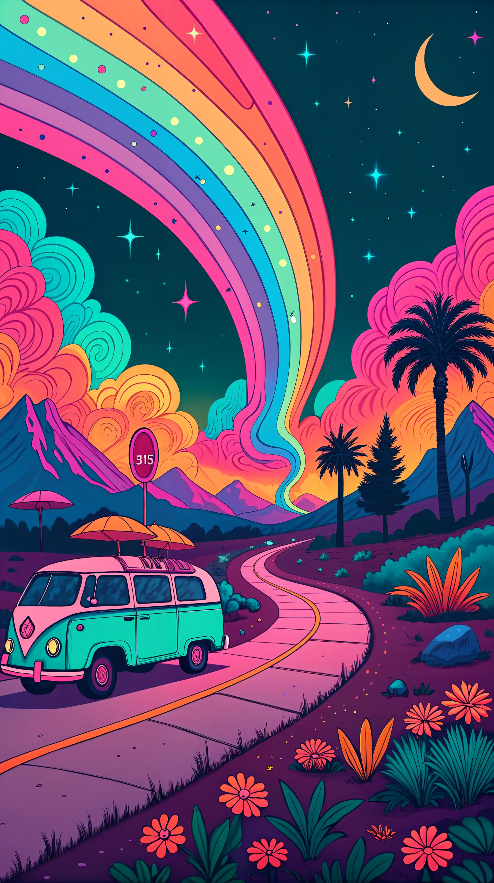 A vibrant phone wallpaper featuring a teal van along a winding road, under a colorful rainbow stretching across a starry sky, surrounded by mountains and palm trees.
