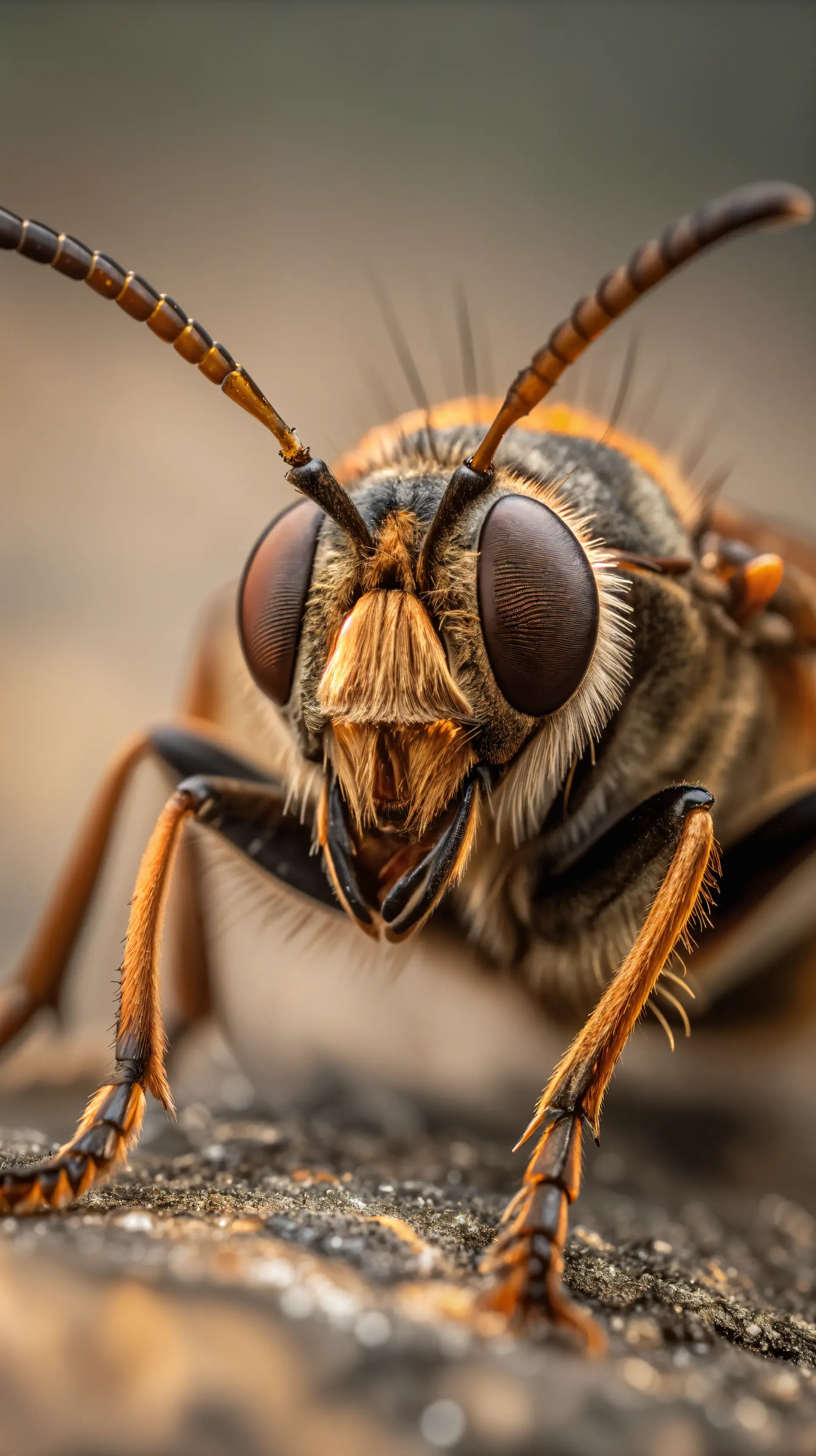 A close-up, detailed image of a bee, showcasing its large eyes and vibrant orange-brown fur, creating a striking and captivating phone wallpaper.