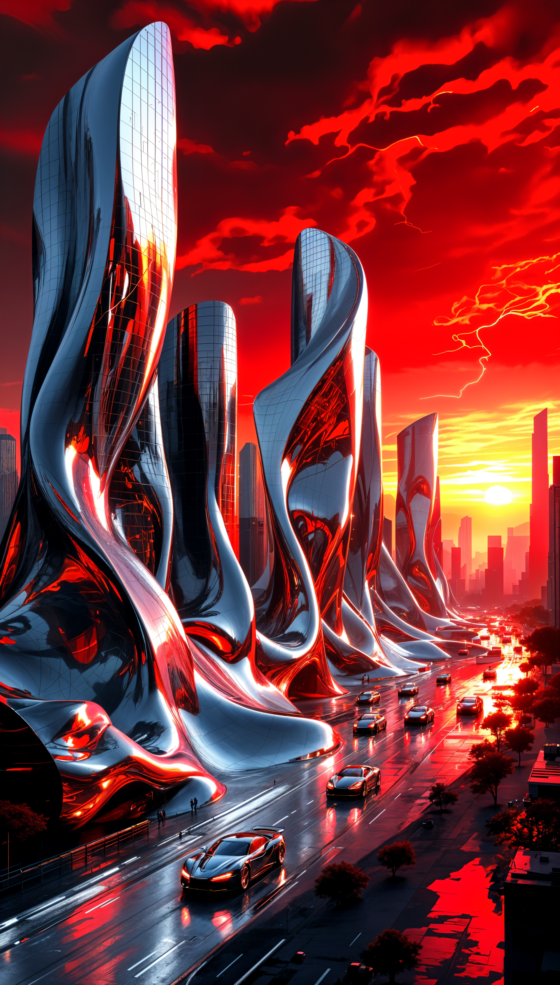 A striking phone wallpaper featuring sleek, futuristic skyscrapers reflecting vibrant reds and metallic tones, set against a dramatic sunset and bustling cityscape.