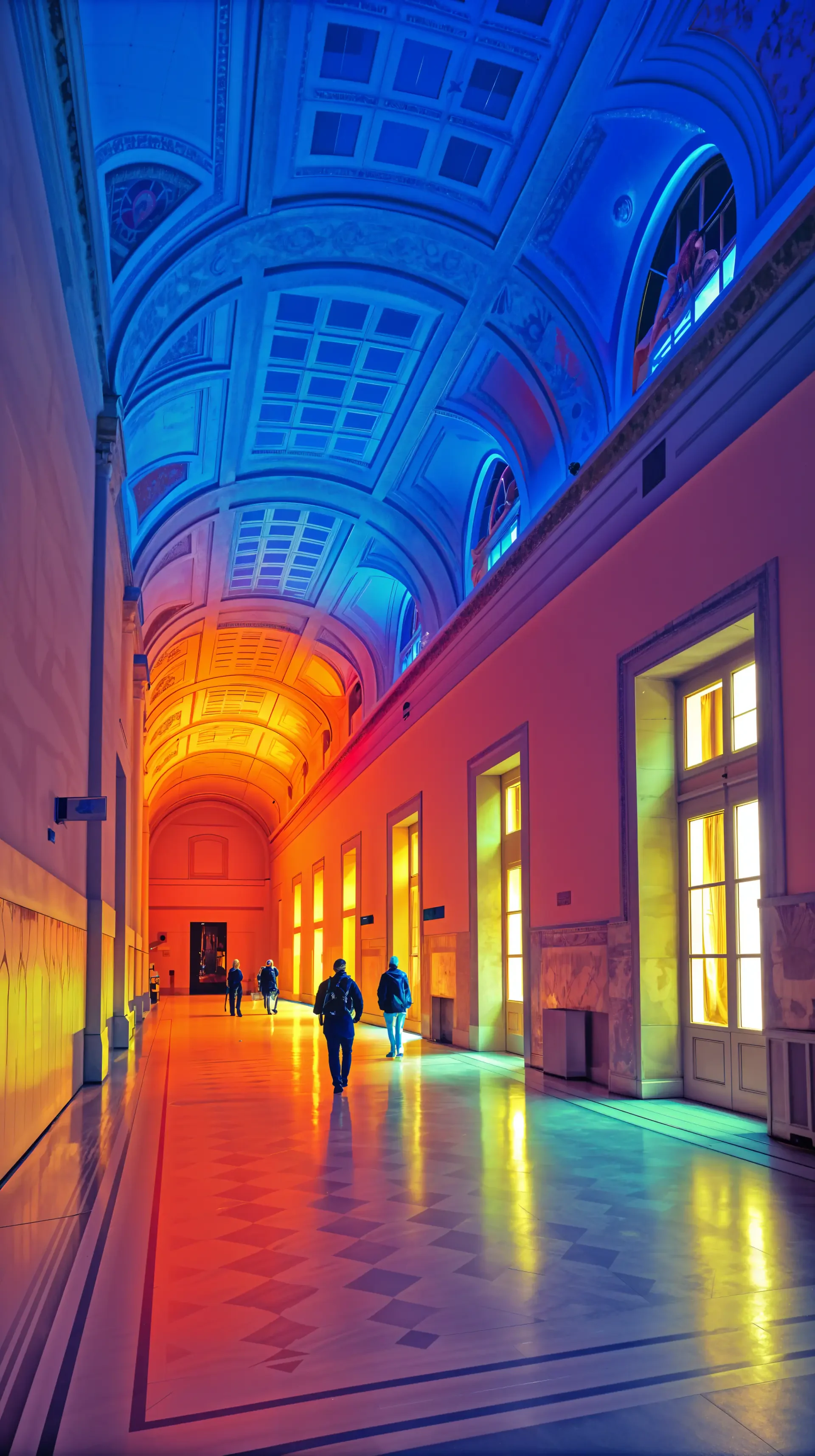 A vibrant hall illuminated with blue and orange lights, showcasing elegant architecture and people walking through, designed as a captivating phone wallpaper.