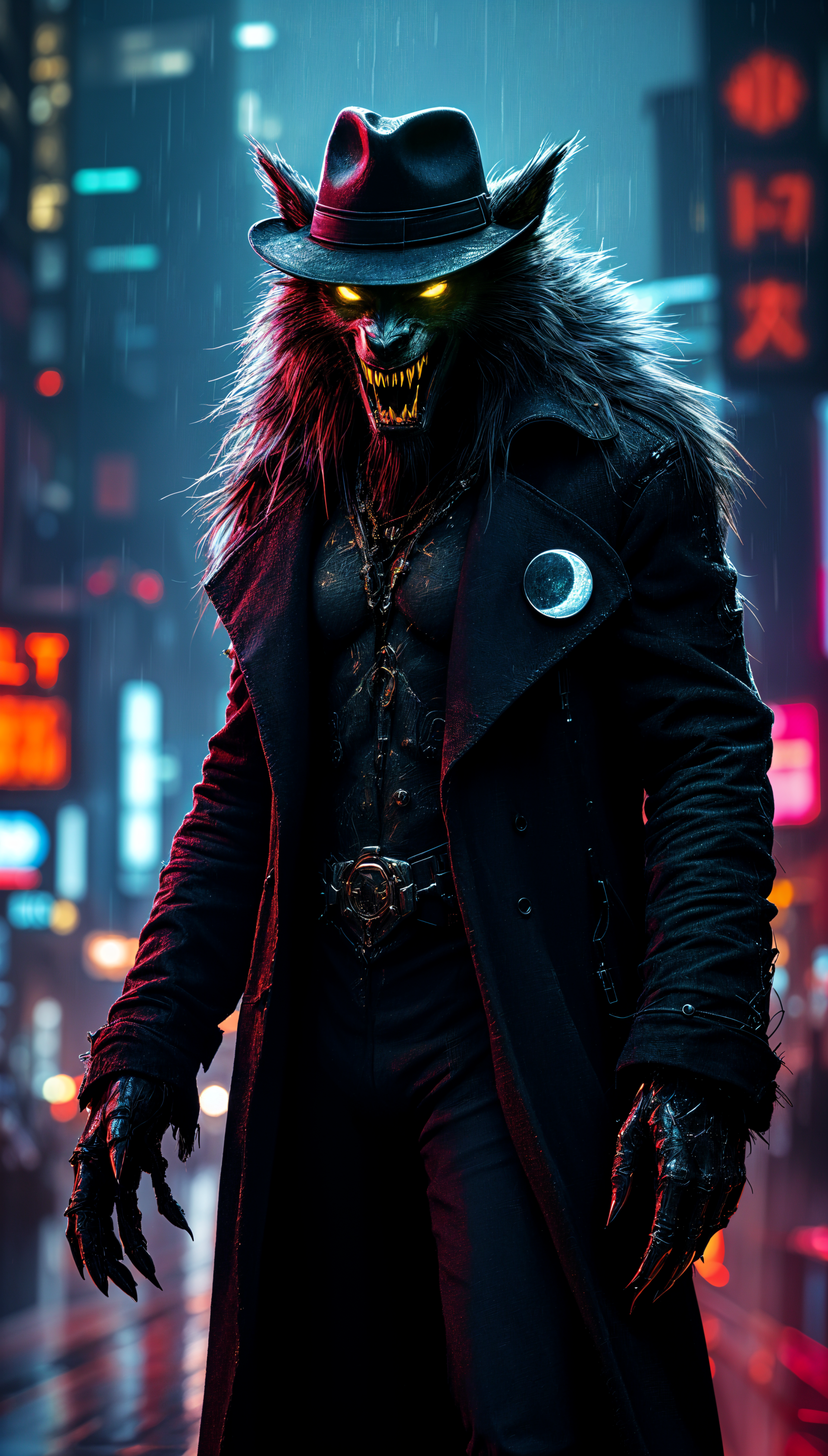 A menacing werewolf stands in a neon-lit urban setting, wearing a hat and dark coat, with glowing eyes and sharp claws, creating a striking phone wallpaper.