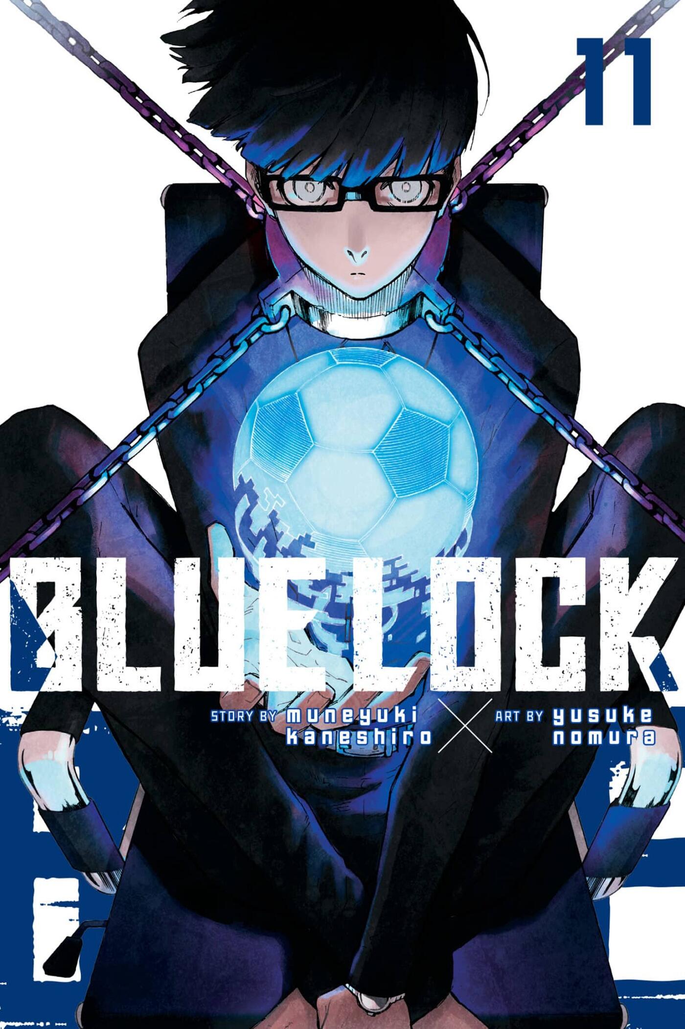 Anime-inspired phone wallpaper featuring the cover of Blue Lock, showcasing a character with glasses and a glowing soccer ball, symbolizing the intense theme of competition in the series.