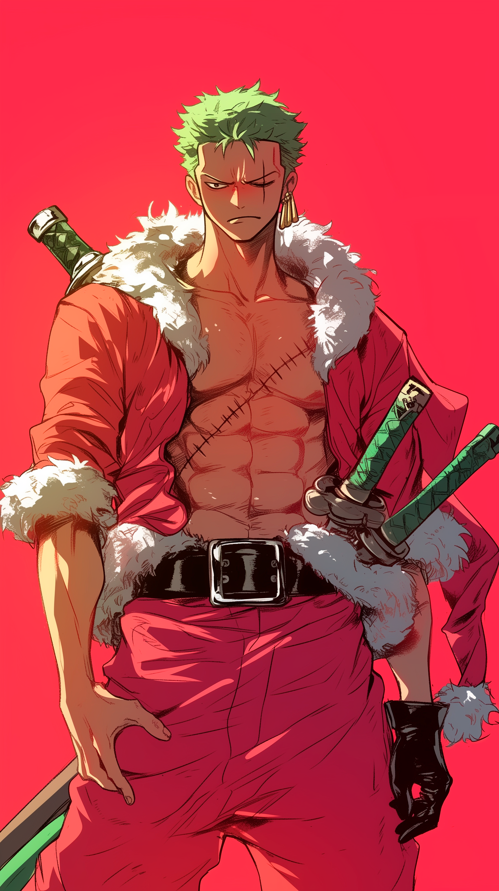 Roronoa Zoro from One Piece dressed in a festive red Santa outfit, exuding strength. The background features a vibrant red, making it a striking anime Christmas wallpaper.