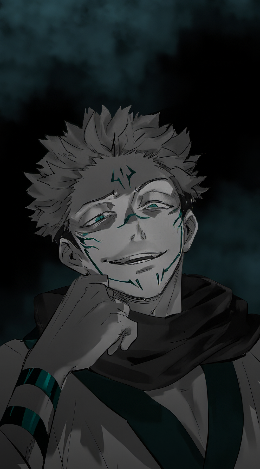 A striking phone wallpaper featuring Sukuna from Jujutsu Kaisen, showcasing his signature mischievous smile and detailed markings against a dark, atmospheric background.