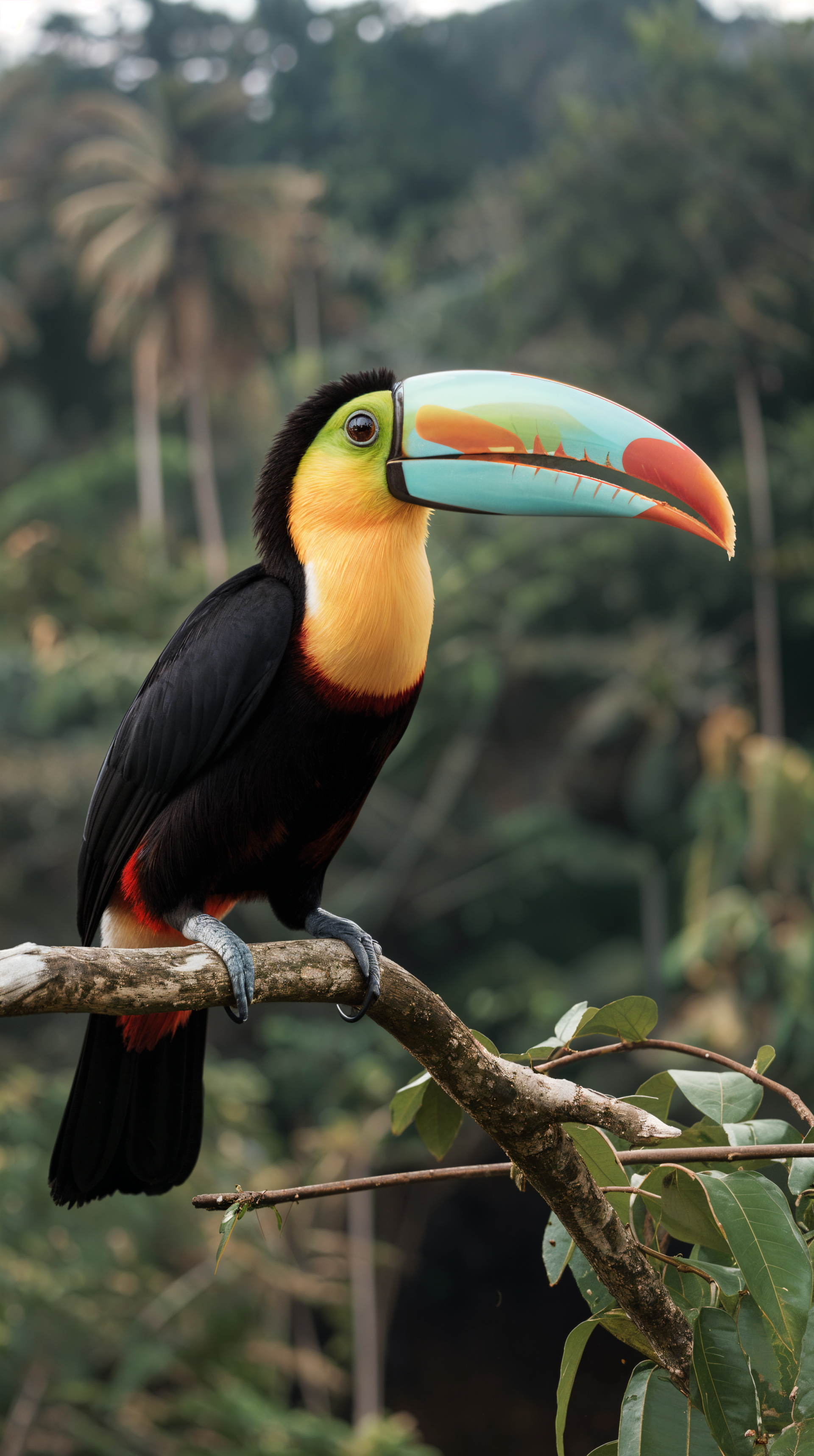 A vibrant toucan perched on a branch, showcasing its colorful beak and striking plumage, set against a lush, green background. This image makes a lively phone wallpaper.