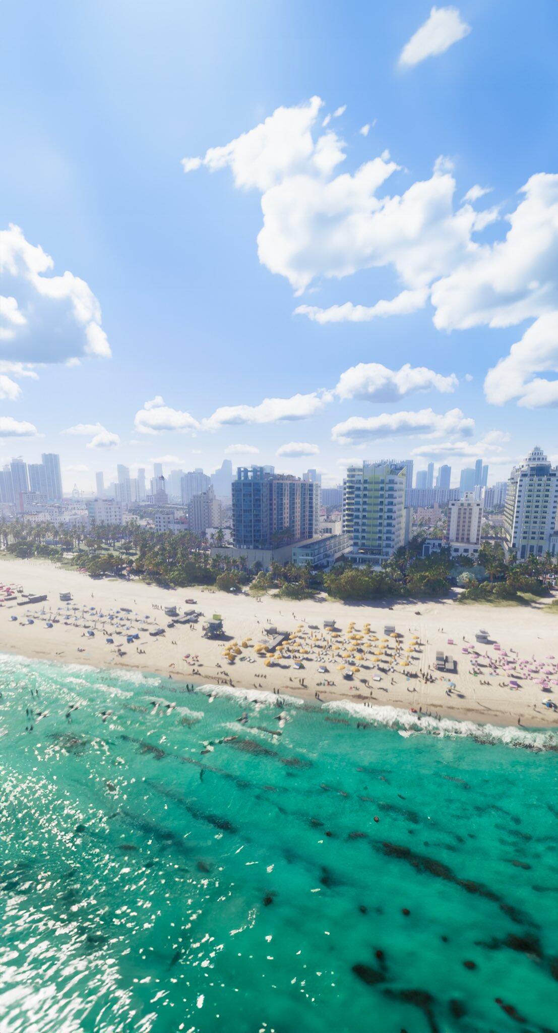 A vibrant beach scene with clear turquoise waters, sunlit sand, and lush palm trees, capturing the essence of adventure in a Grand Theft Auto VI phone wallpaper.