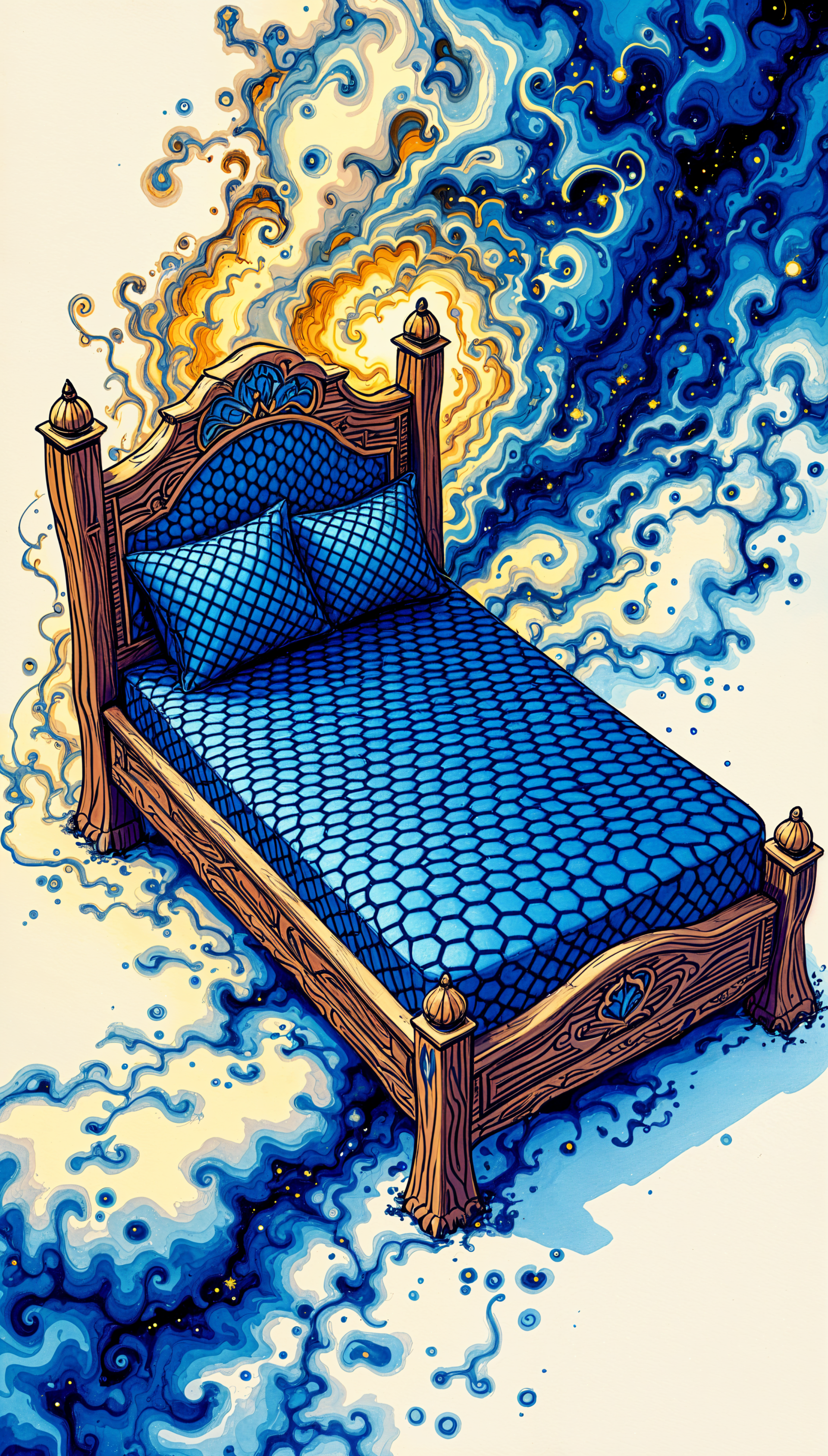 A whimsical phone wallpaper featuring a stylized wooden bed with a blue, patterned mattress, set against a vibrant, swirling cosmic background.