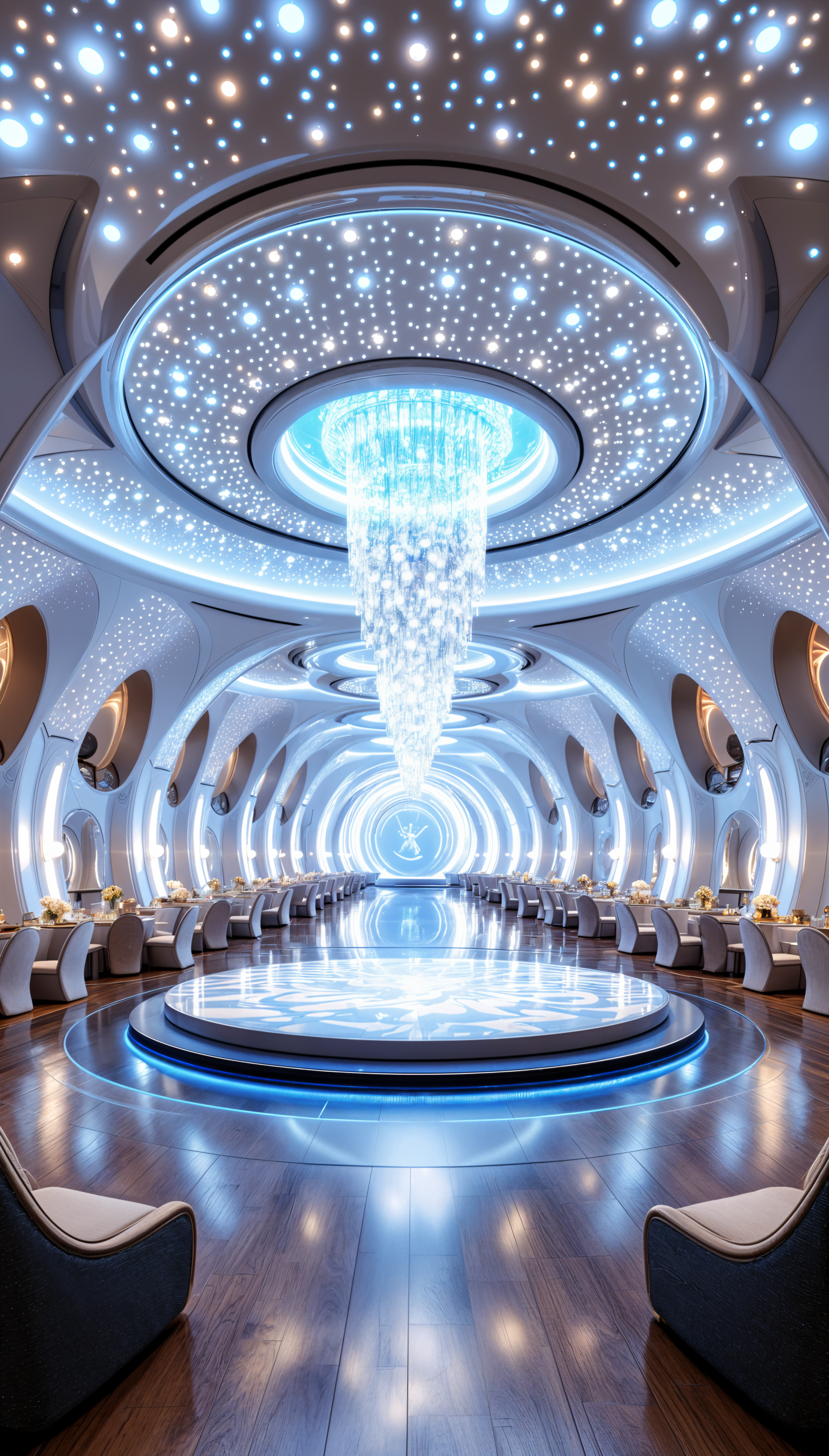 A stunning ballroom wallpaper featuring a futuristic design with glowing blue accents, a shimmering chandelier, and a sleek dance floor illuminated by intricate star patterns.