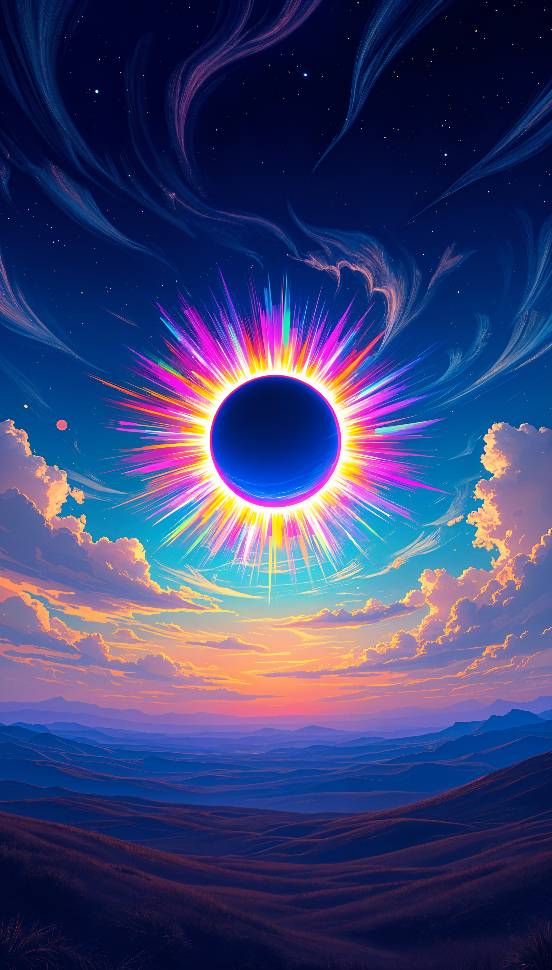 A vibrant digital wallpaper featuring a solar eclipse, showcasing a black sun surrounded by colorful rays against a twilight sky, with mountains and clouds below.