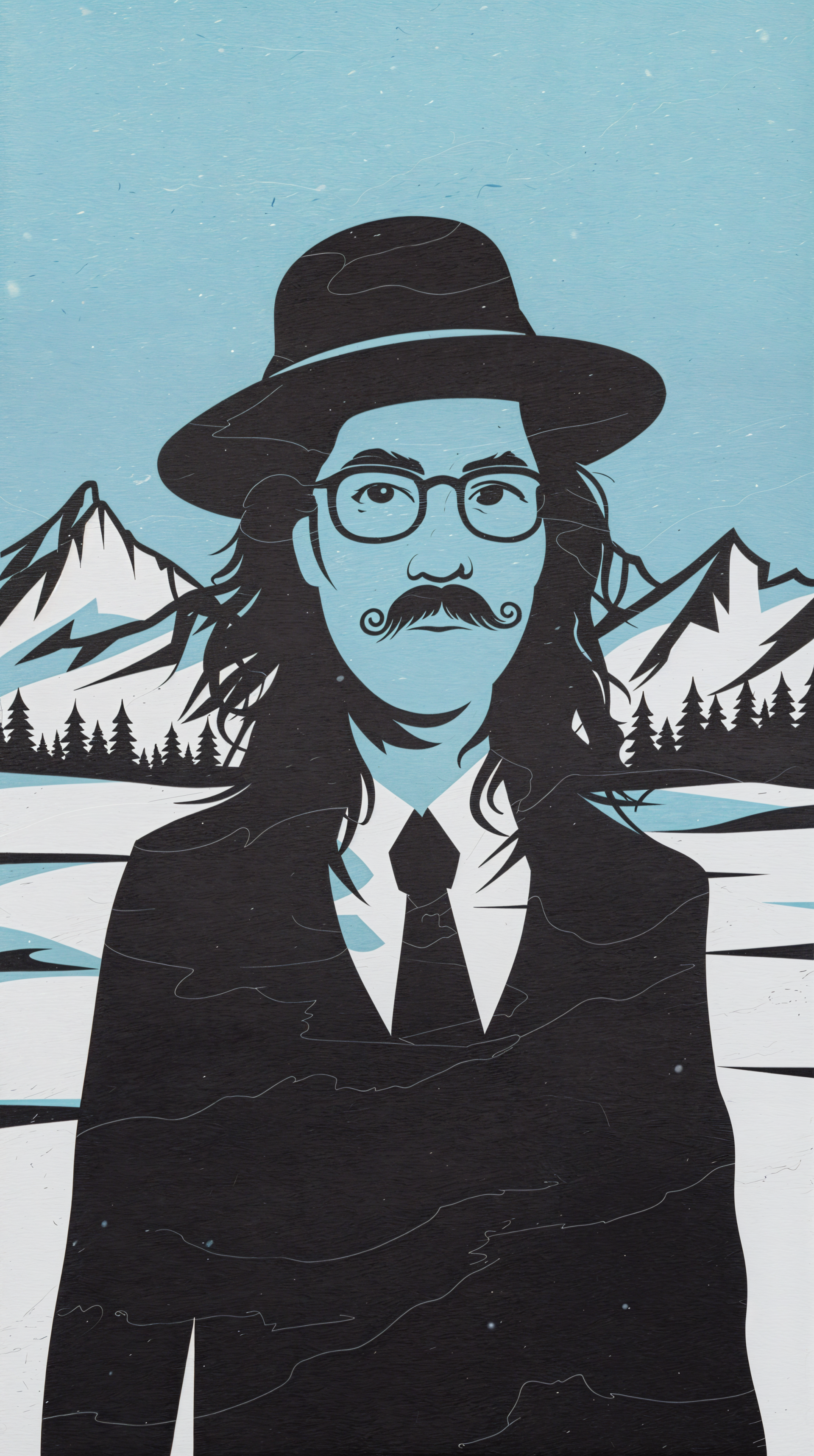 A stylized illustration of a man with long hair and glasses, wearing a black suit and hat, set against a serene mountain landscape, creating a striking phone wallpaper.