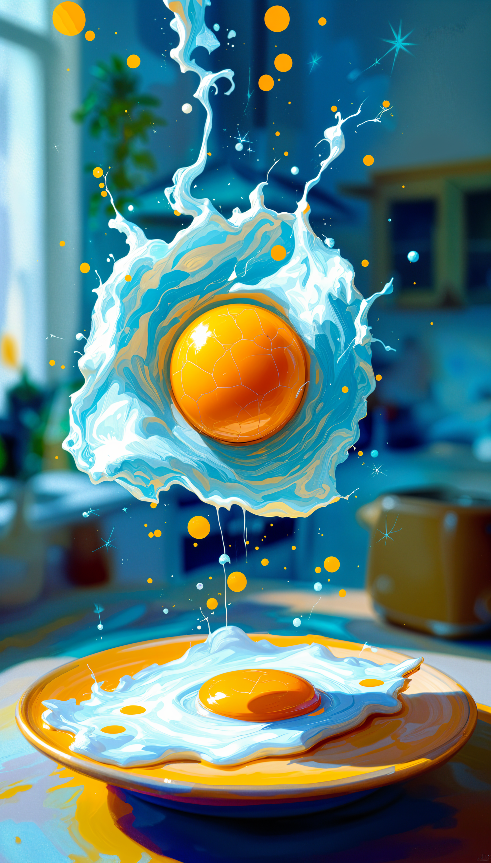 A vibrant phone wallpaper featuring a beautifully designed fried egg, with dynamic splashes and bright colors, evoking a fun and energetic kitchen atmosphere.