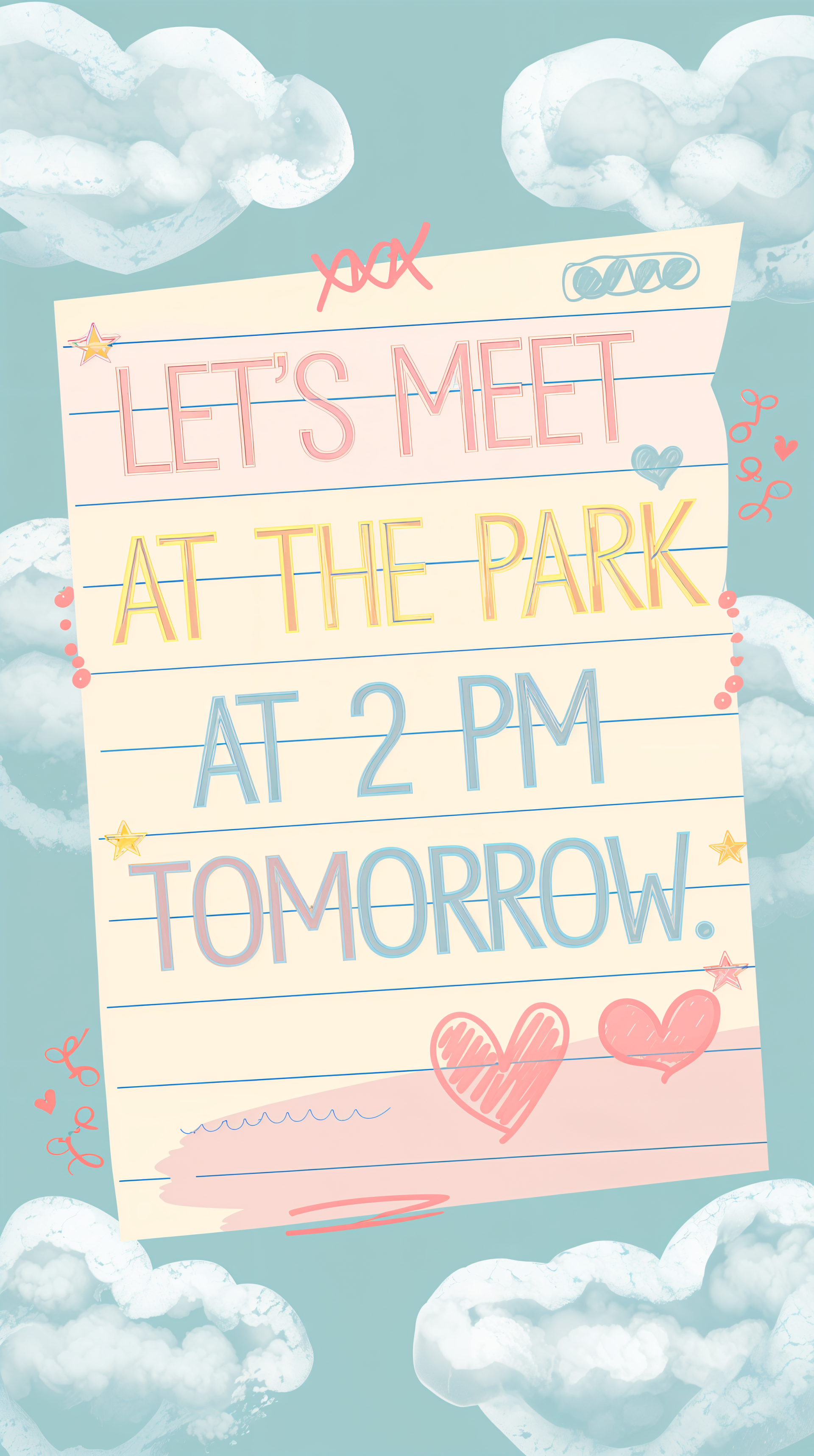 A colorful phone wallpaper featuring a note that reads, Let's meet at the park at 2 PM tomorrow, surrounded by playful doodles and fluffy clouds.