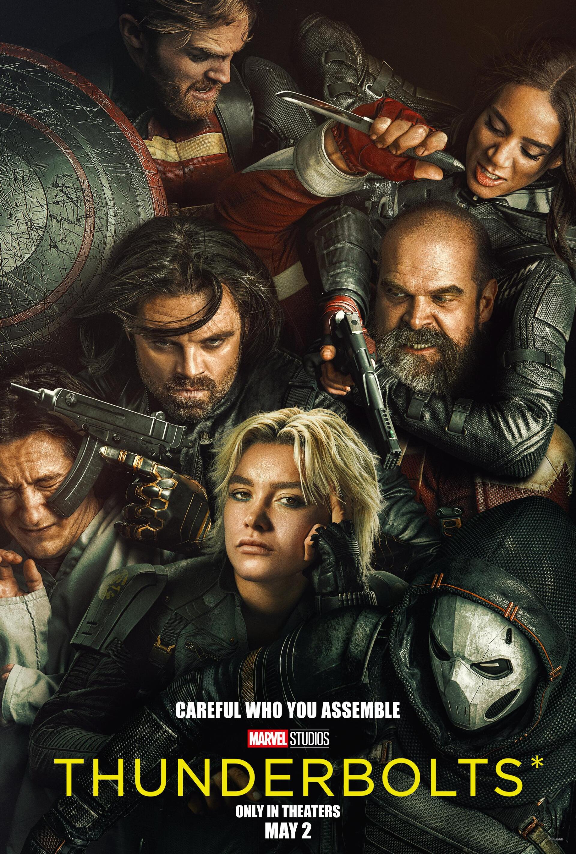 A dynamic phone wallpaper featuring characters from the 2025 movie Thunderbolts. The group exudes intensity and intrigue against a dramatic backdrop, emphasizing their unique identities.