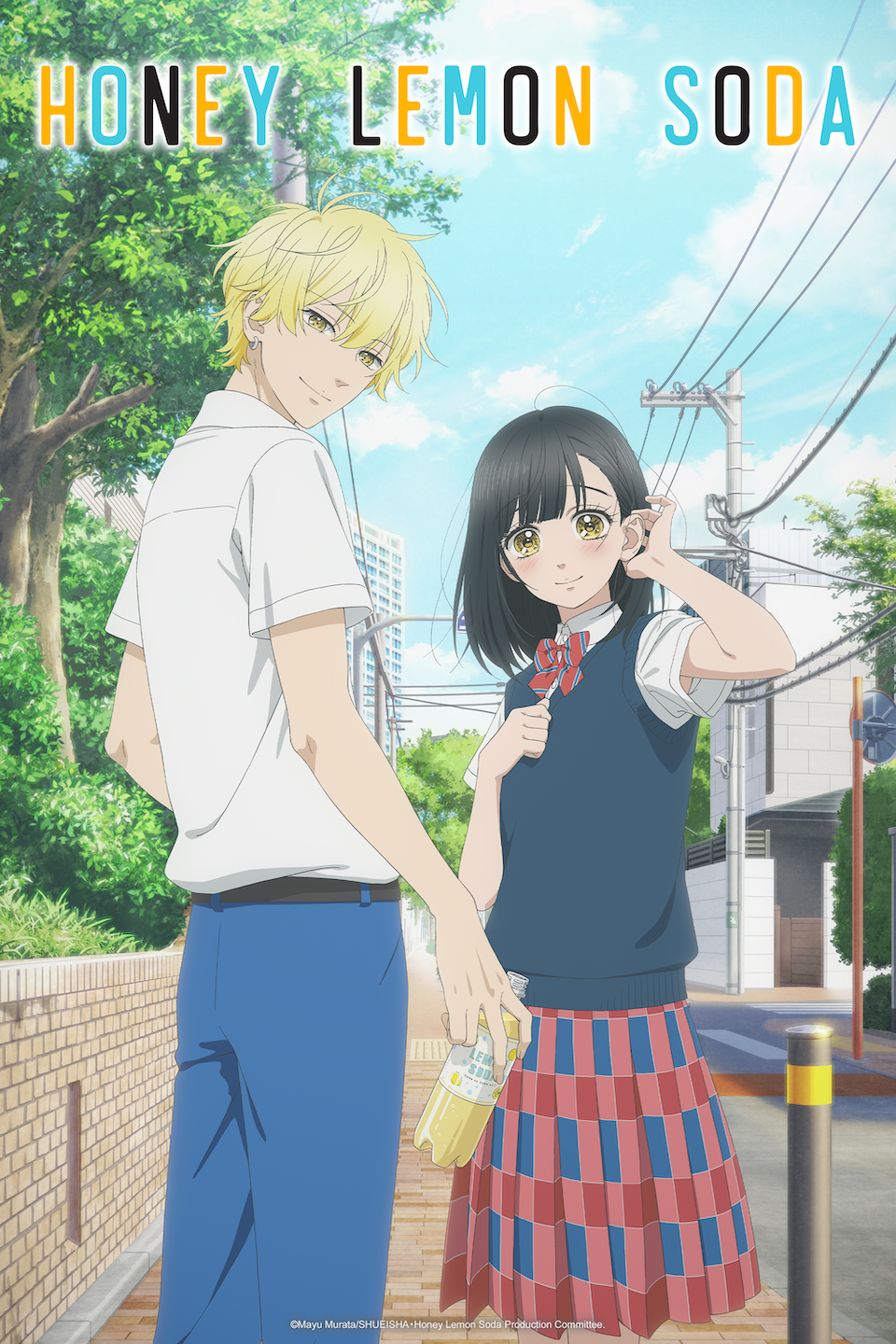 A vibrant anime phone wallpaper featuring two characters from Honey Lemon Soda, standing together on a sunny street, capturing a moment of youthful connection.