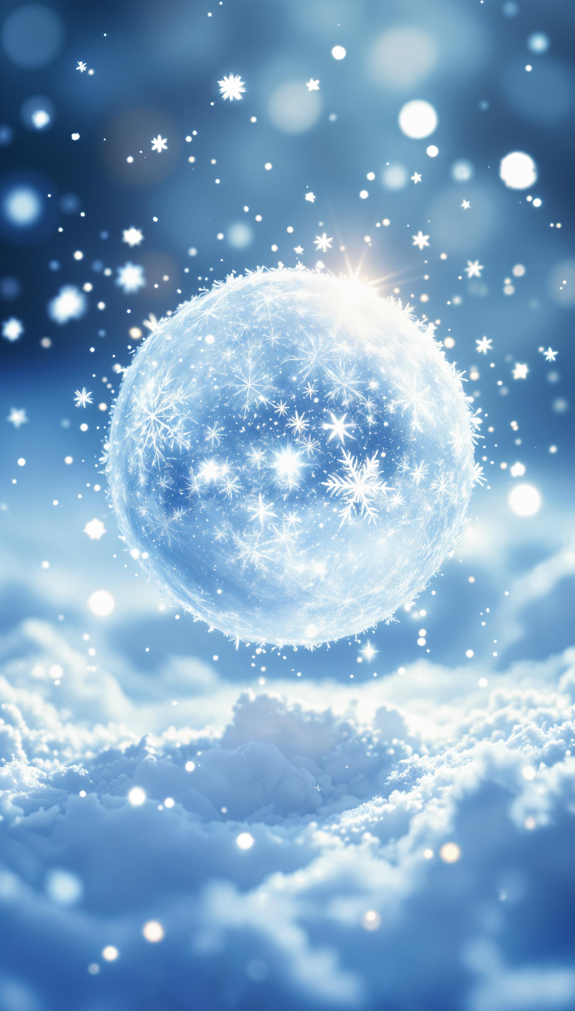 A stunning phone wallpaper featuring a shimmering snowball surrounded by delicate snowflakes, set against a dreamy blue background.