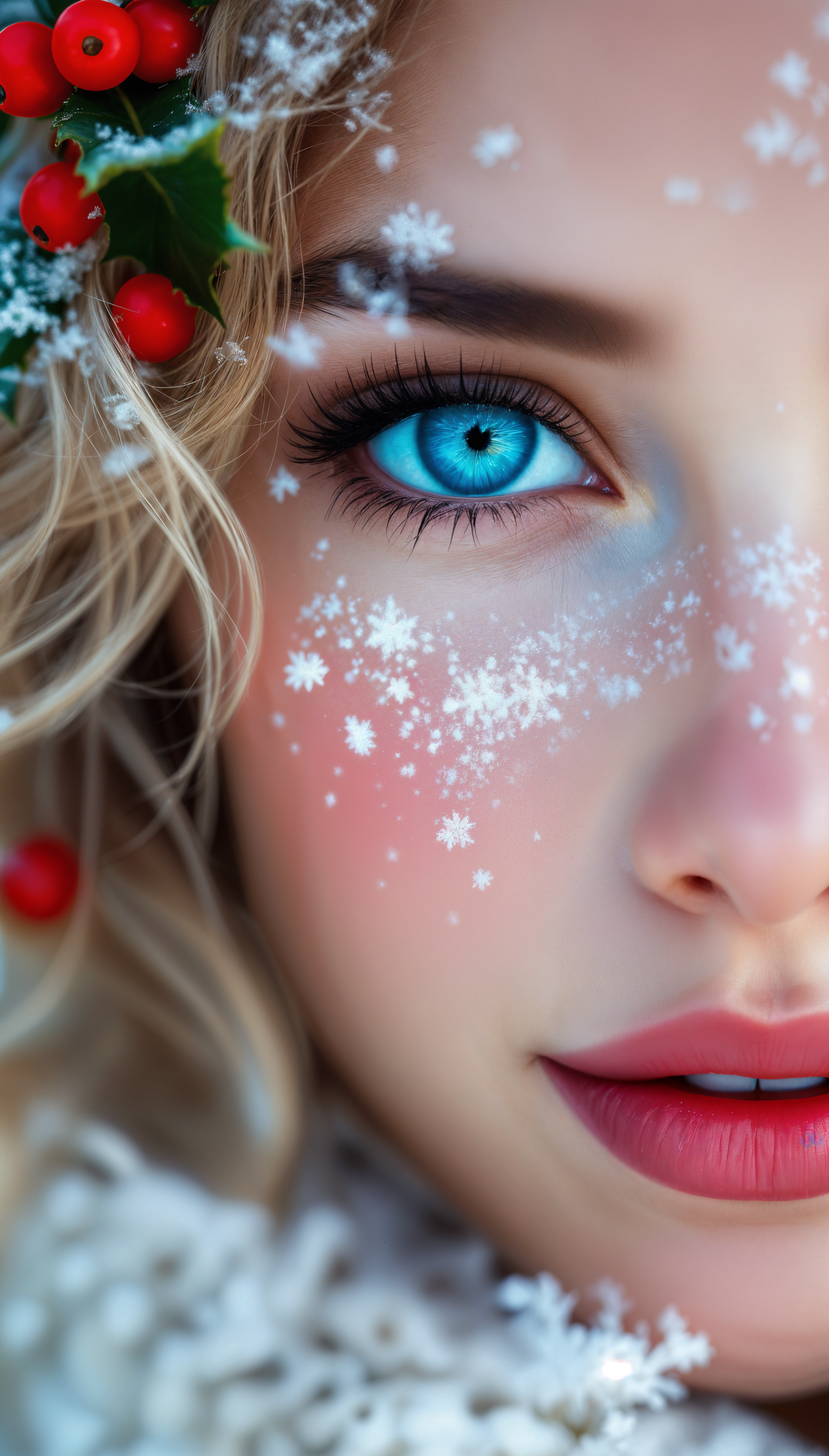 A close-up of a young woman's face adorned with snowflakes and holly, featuring striking blue eyes and rosy lips, creating a winter-themed phone wallpaper.
