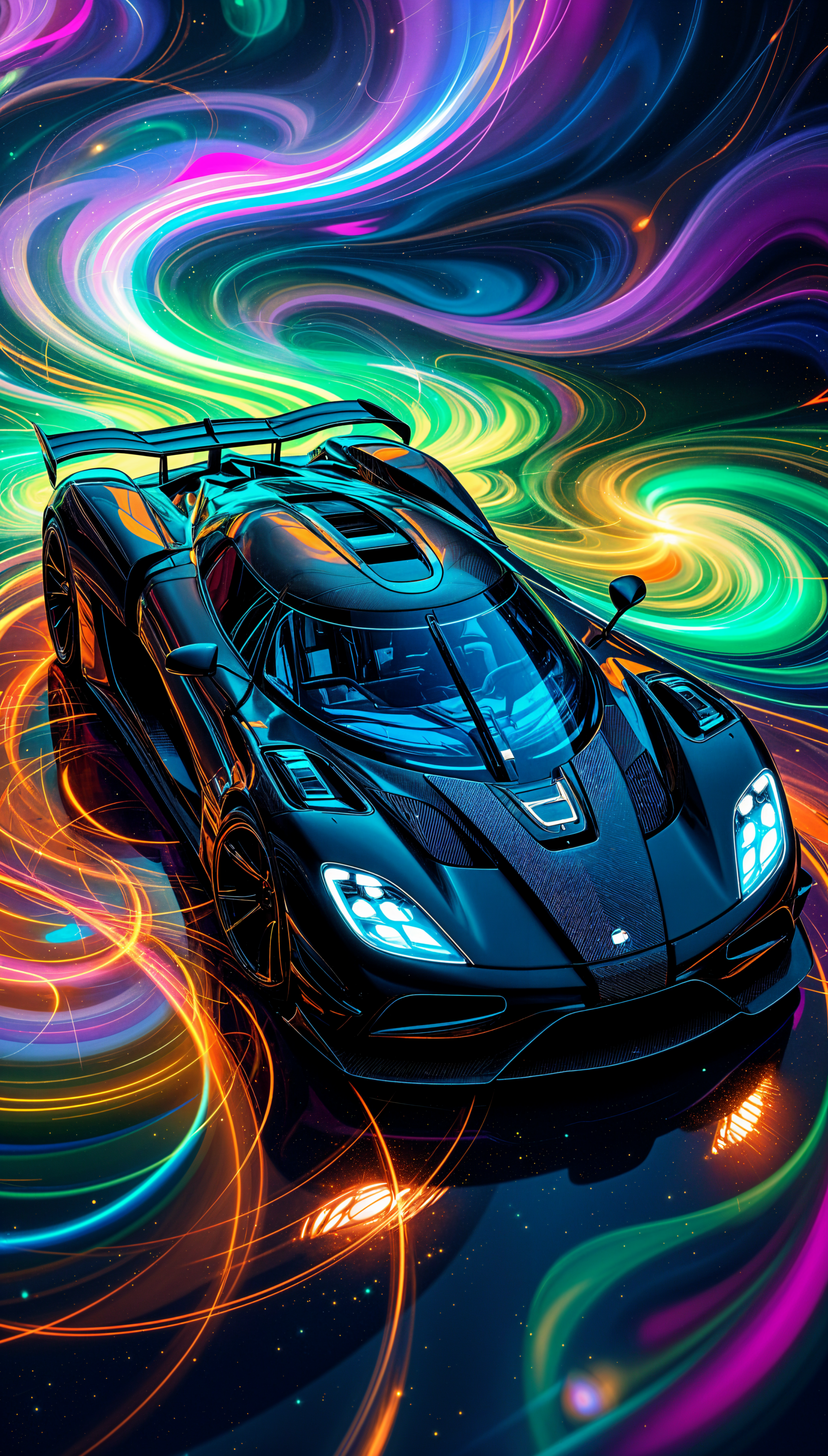 A striking Koenigsegg car set against a vibrant, swirling backdrop of neon colors, creating a dynamic and eye-catching phone wallpaper.