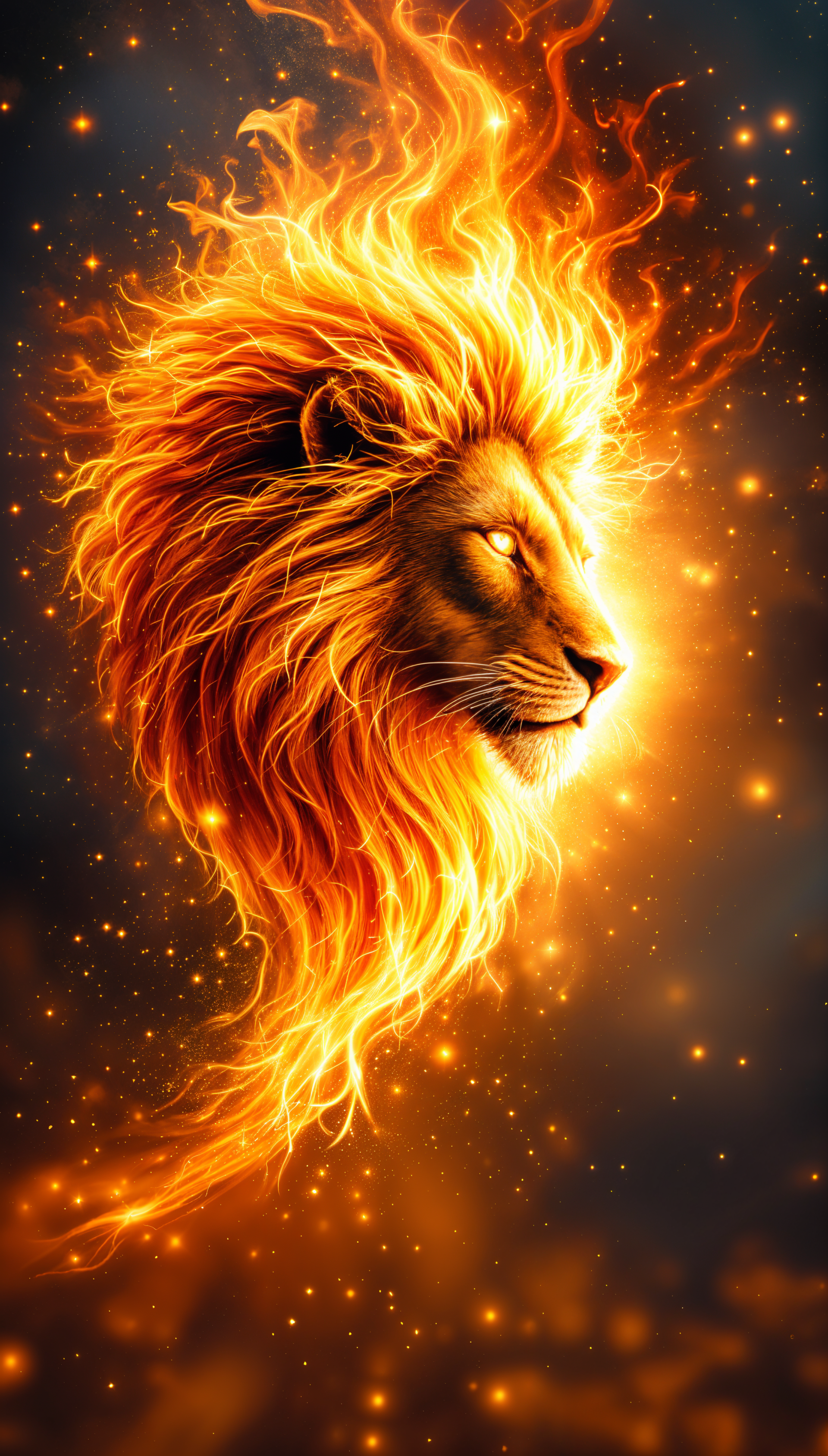 A fiery lion with glowing mane and eyes, surrounded by sparkling stars, embodying the essence of Leo in this captivating phone wallpaper.