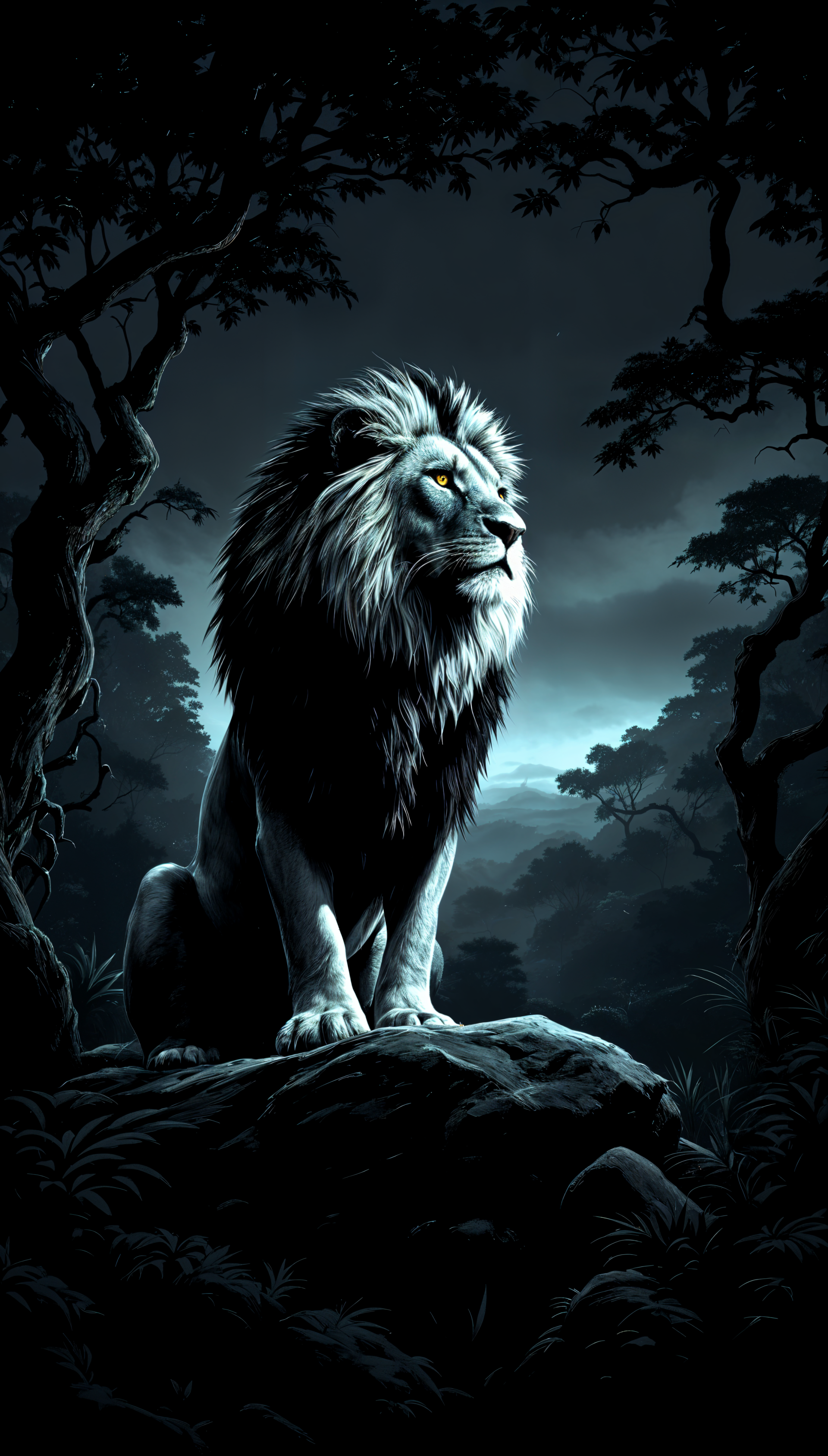A striking phone wallpaper featuring a majestic lion perched on a rock, surrounded by dark trees under a moonlit sky, evoking the spirit of a thrilling safari.