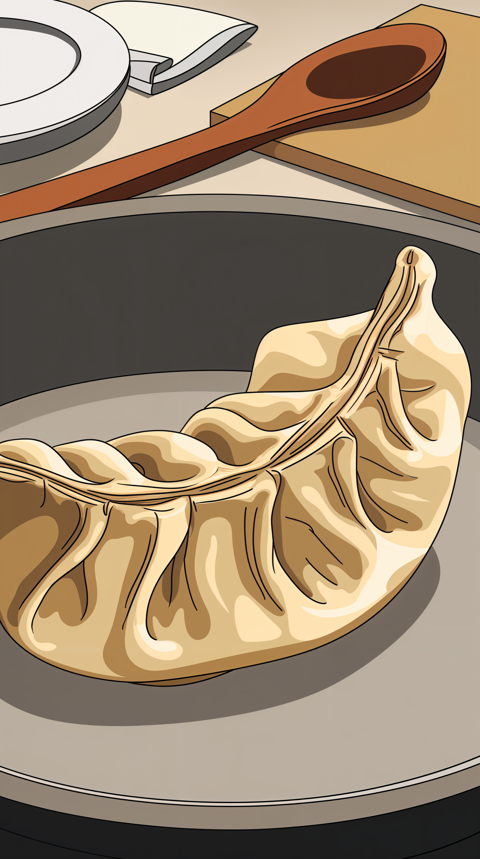 A delicious potsticker sits in a pan, ready to be enjoyed. This vibrant image is designed as a phone wallpaper, adding a touch of culinary art to your device.