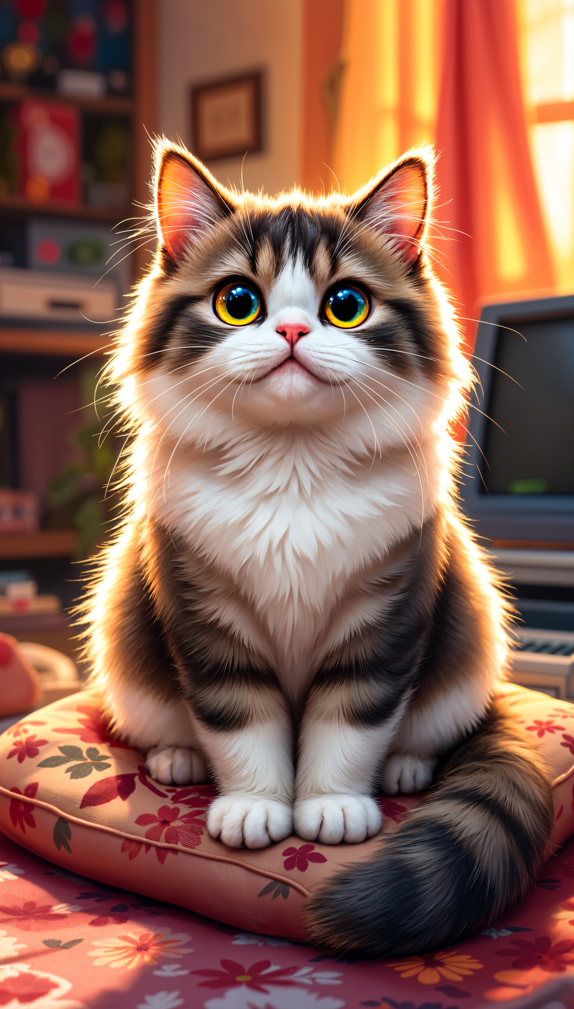 A charming Scottish Fold cat sits on a floral pillow in a sunlit room, showcasing its big, expressive eyes and fluffy coat, creating a cozy phone wallpaper.
