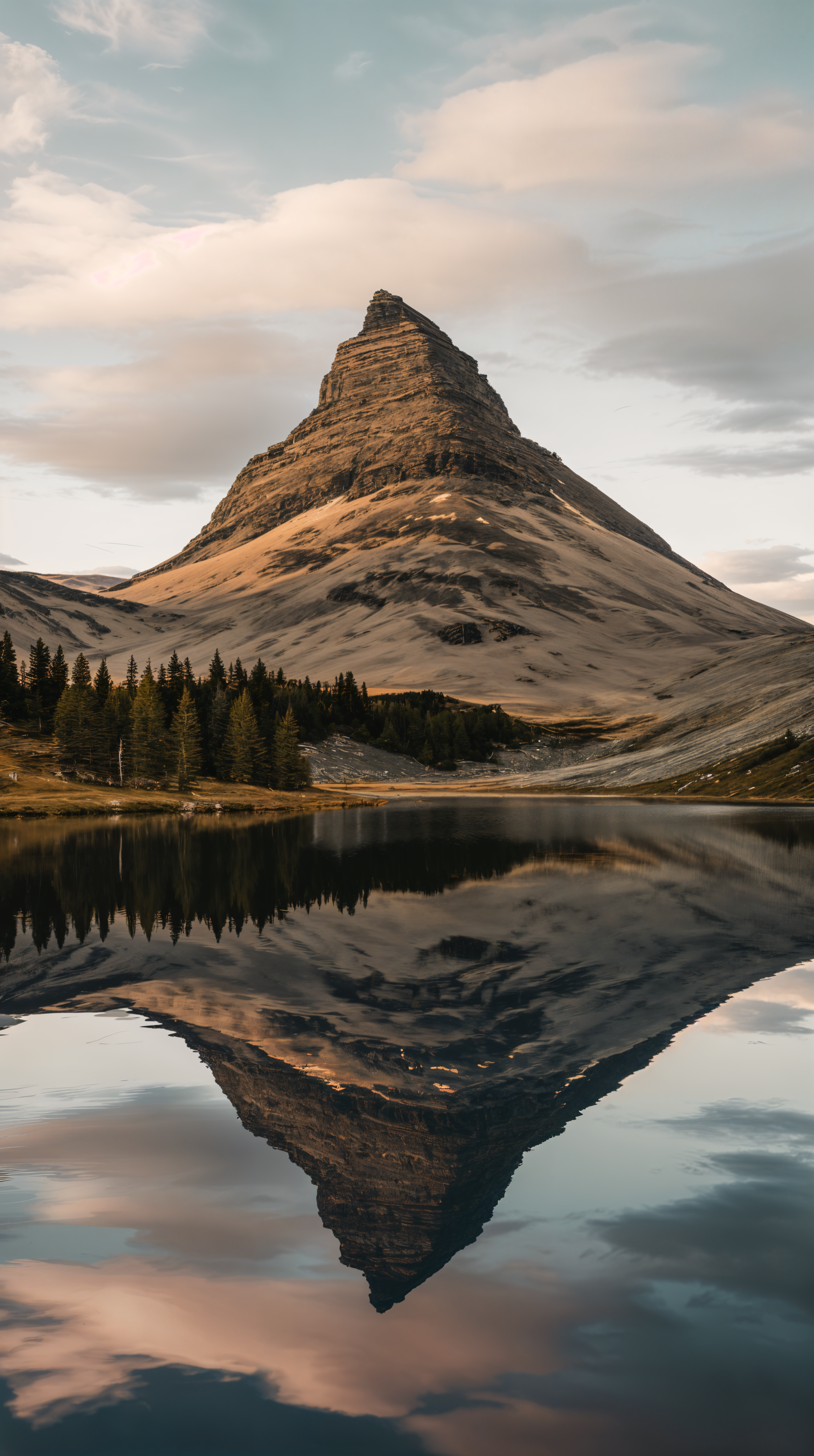 A tranquil mountain peak rises majestically above a reflective lake, surrounded by lush trees and soft clouds, making this an inspiring phone wallpaper.