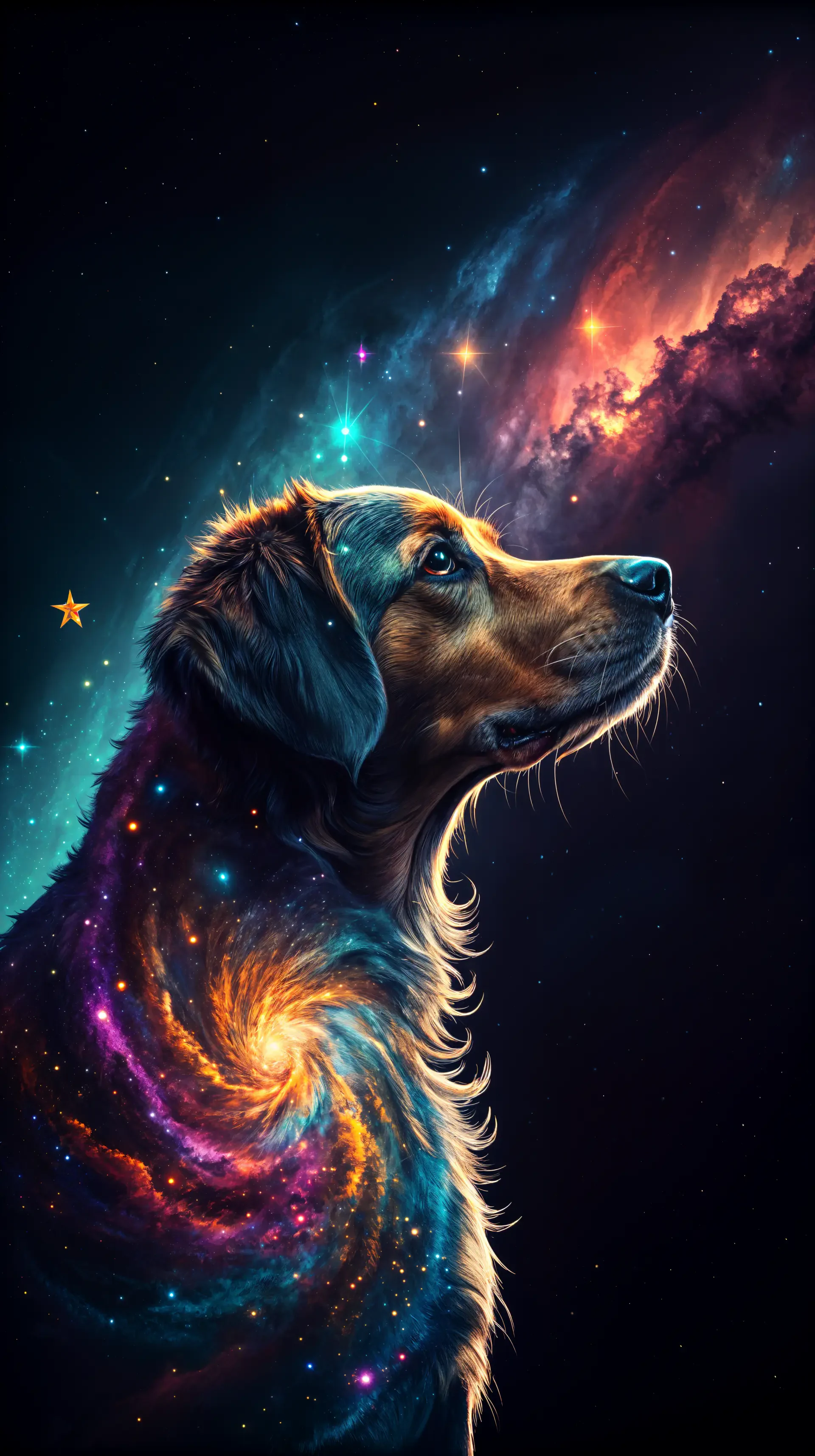 A majestic dog silhouette adorned with a cosmic swirl of colors and stars, set against a dark space backdrop, serves as a stunning phone wallpaper for pet lovers.