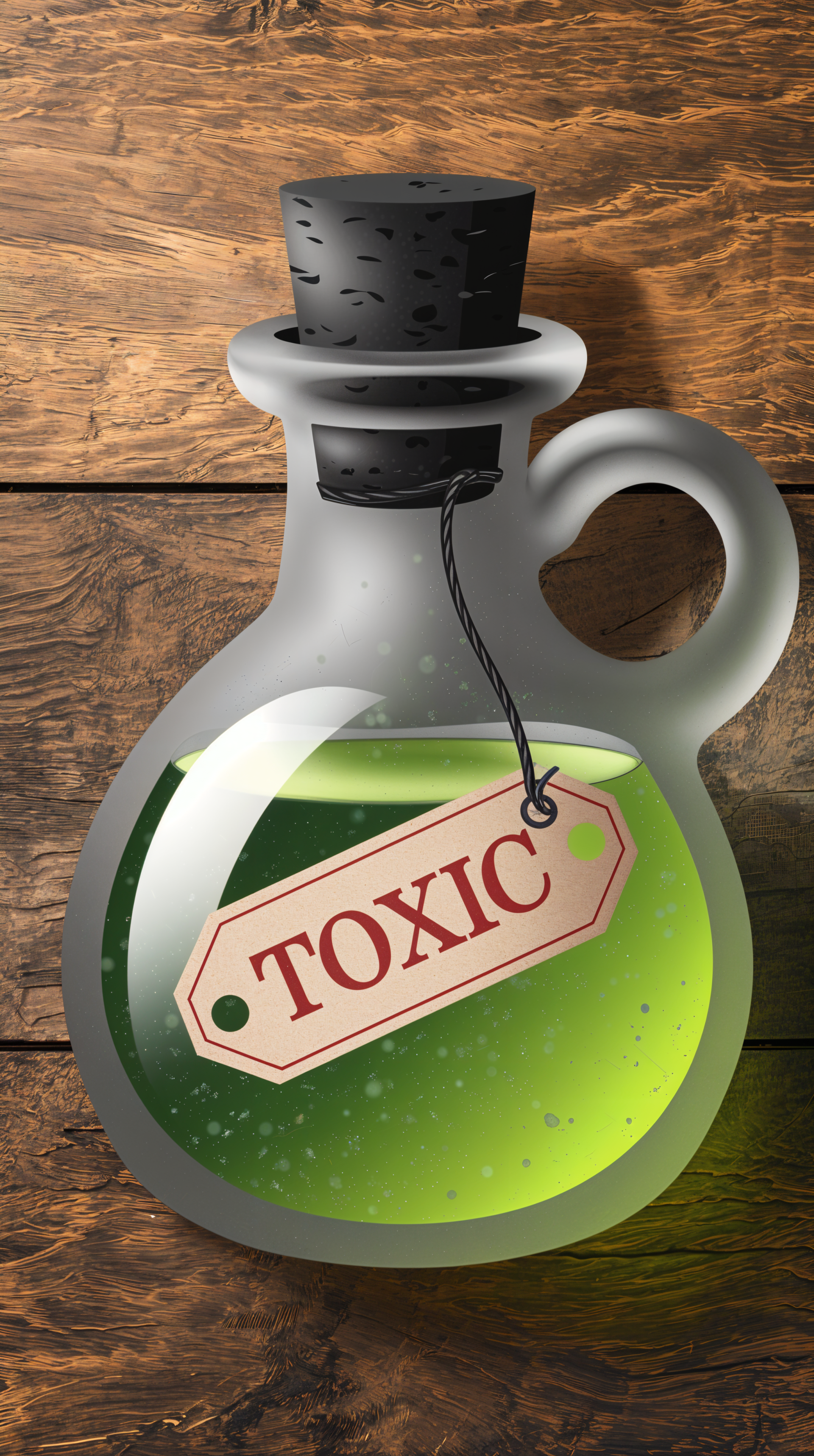 A glass potion bottle with a black lid and a TOXIC label, filled with a bright green liquid, set against a wooden background, designed as a phone wallpaper.