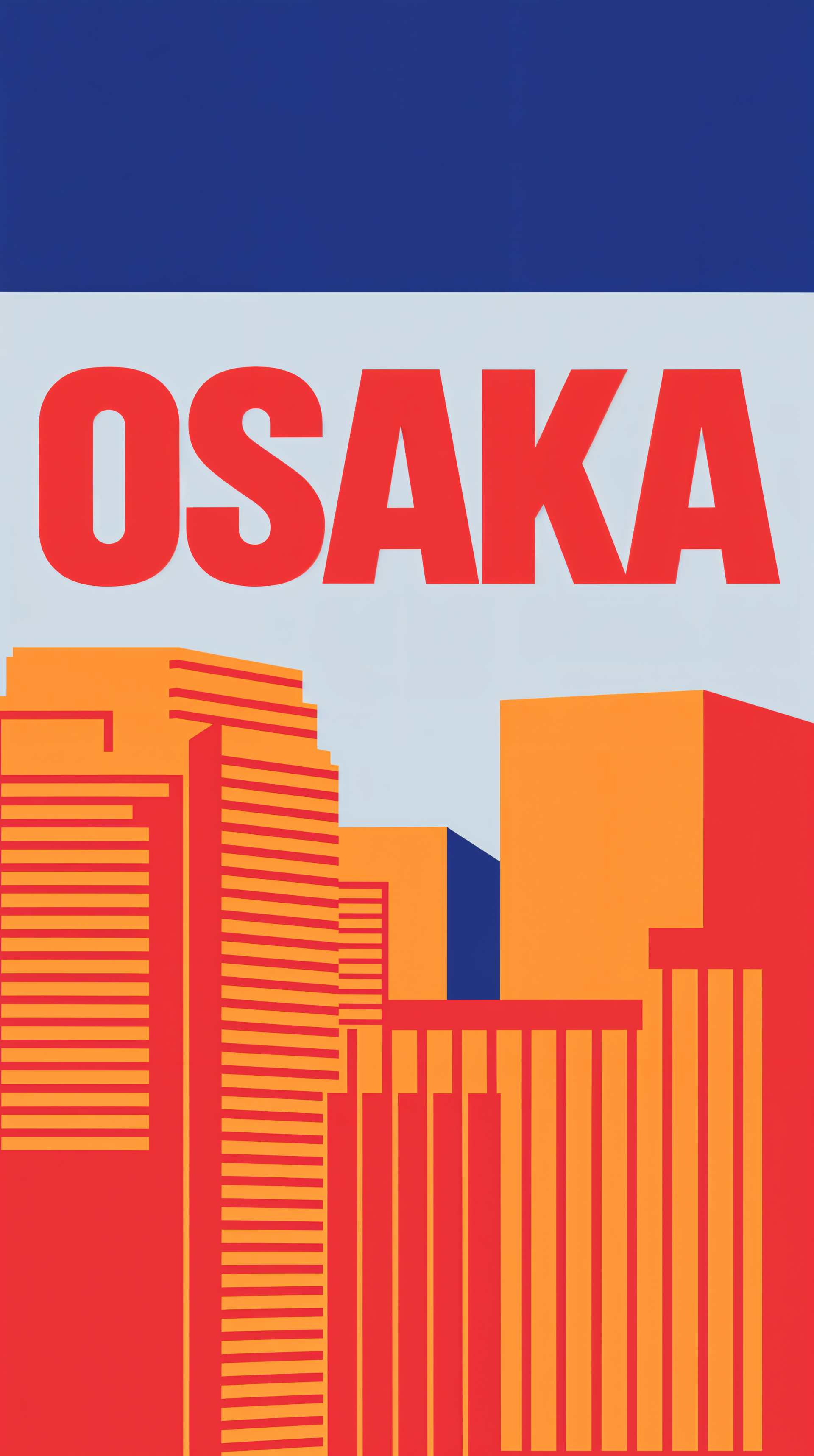 A vibrant phone wallpaper featuring bold buildings in orange and red, with the city name OSAKA prominently displayed above a blue sky.