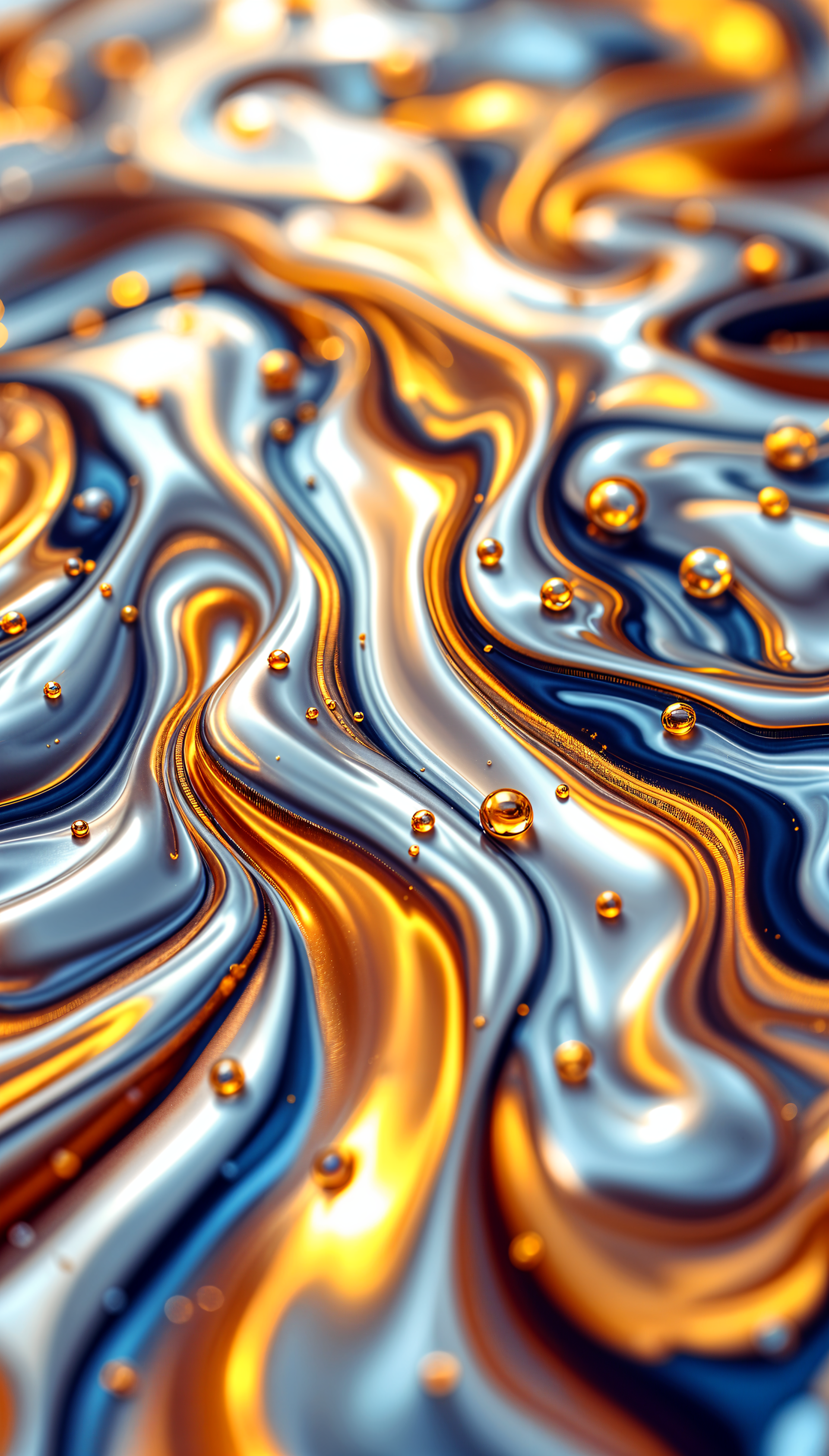 A vibrant phone wallpaper featuring swirling metallic patterns in blue, gold, and silver tones, enhanced with droplets that create a striking visual effect.