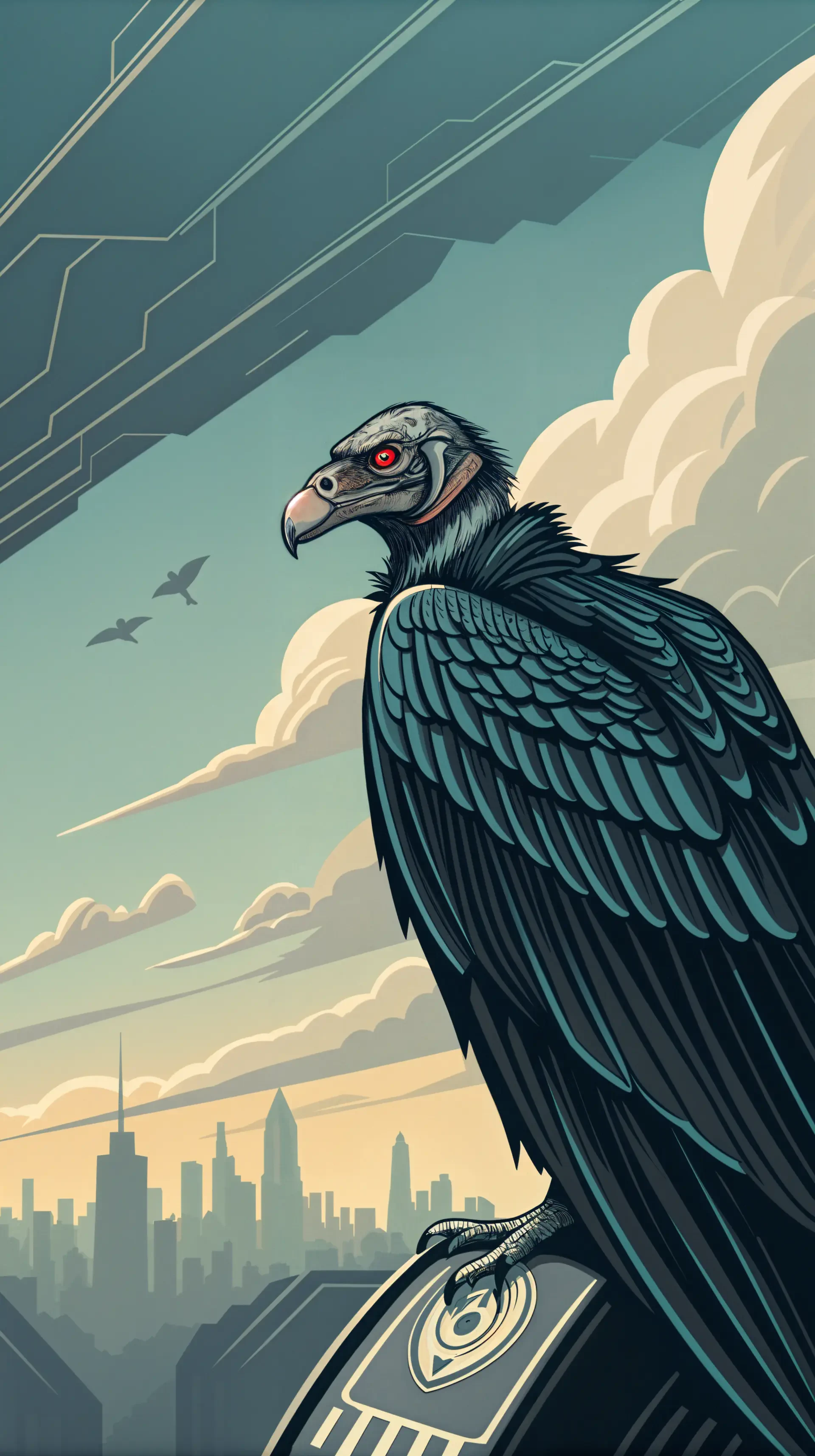 A striking vulture perches against a city skyline, featuring bold colors and intricate details, creating an eye-catching phone wallpaper design.