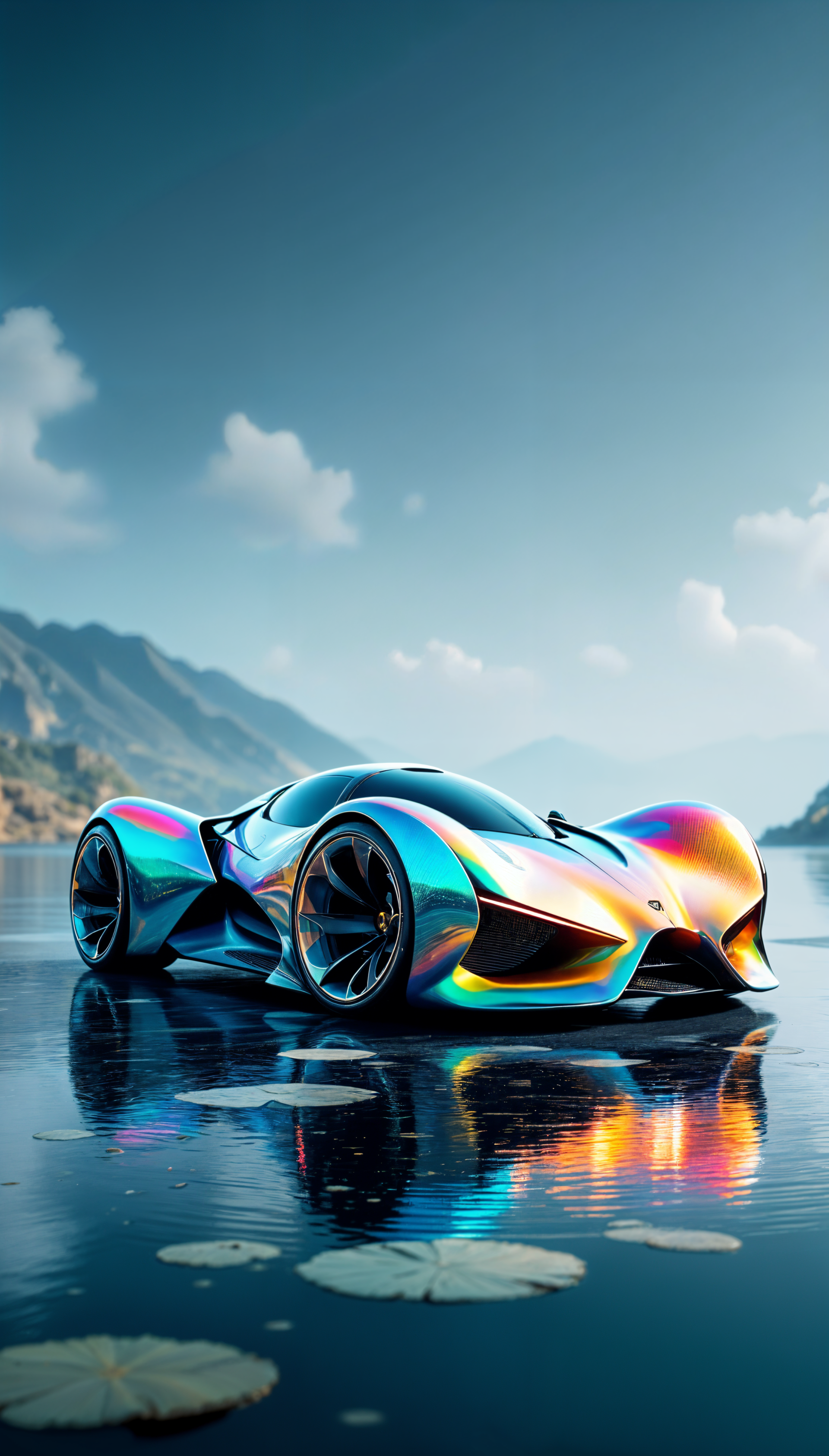 A stunning phone wallpaper featuring a futuristic car with a vibrant, holographic finish, reflecting on calm water near mountains and under a clear blue sky.