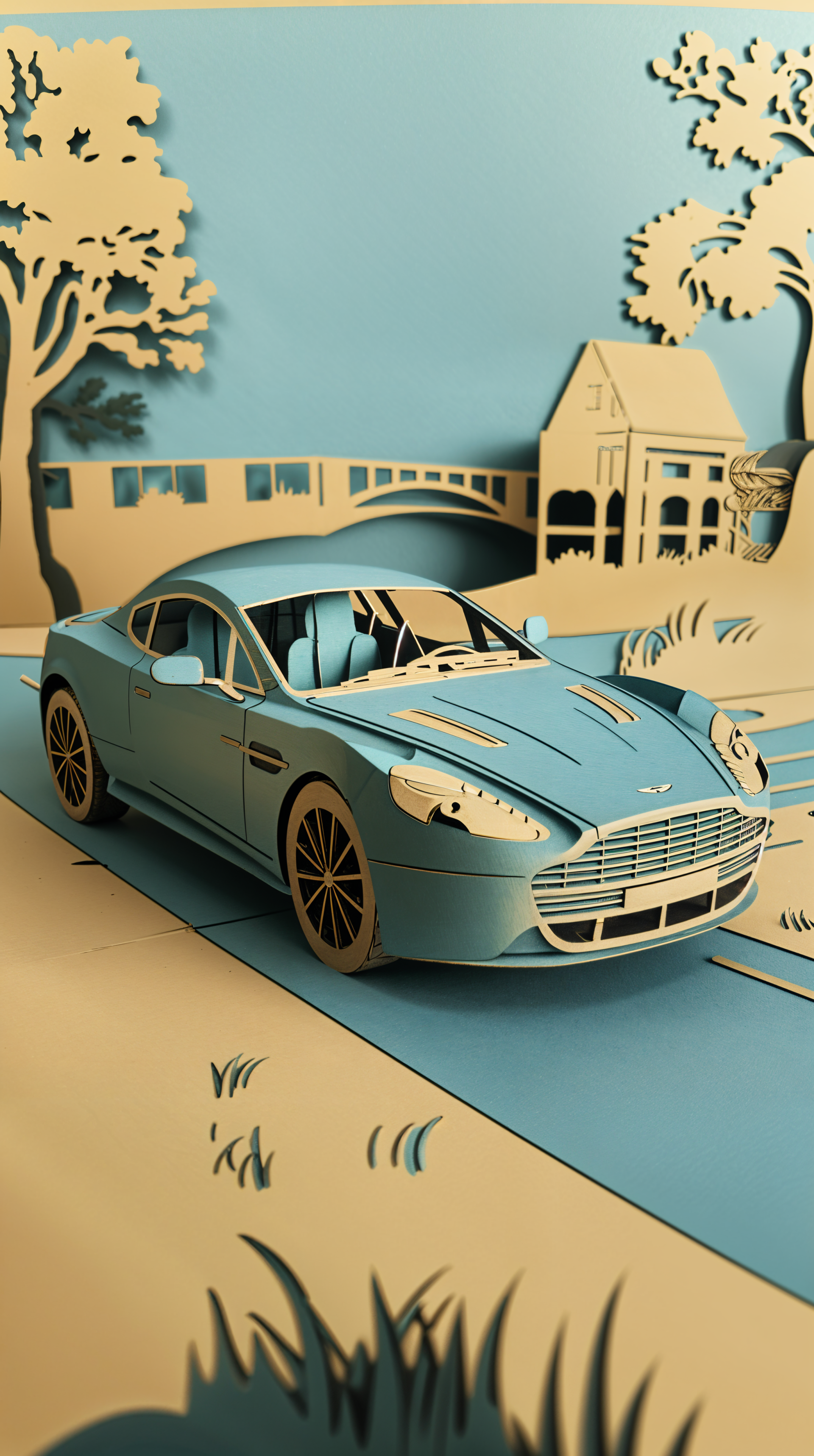 Blue Aston Martin paper art car set against a beige paper-cut landscape, designed as a phone wallpaper compatible with both iPhones and Android devices.